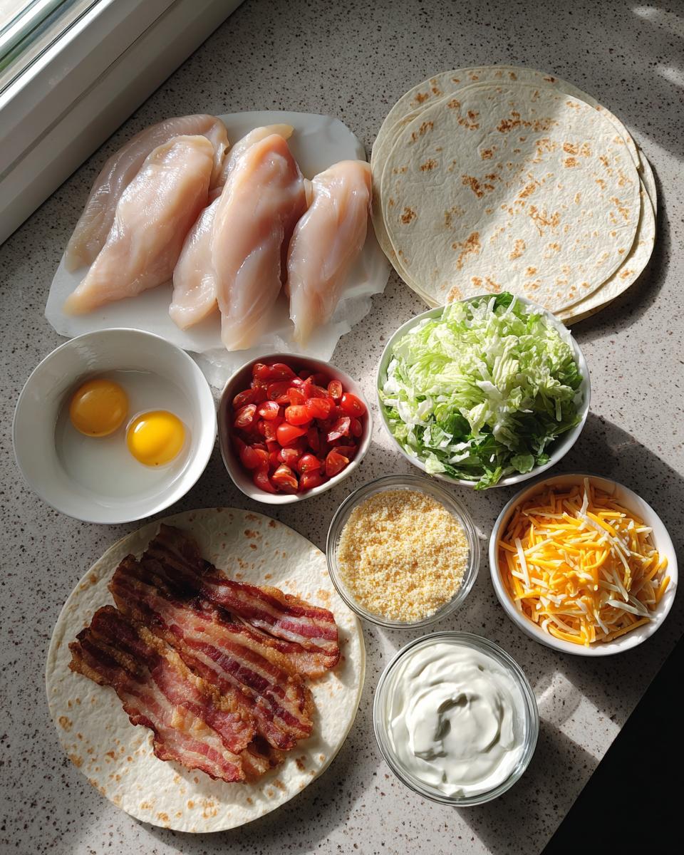 All the ingredients laid out for making a chicken bacon ranch wrap, including raw chicken, bacon, tortillas, lettuce, cheese, and sour cream.
