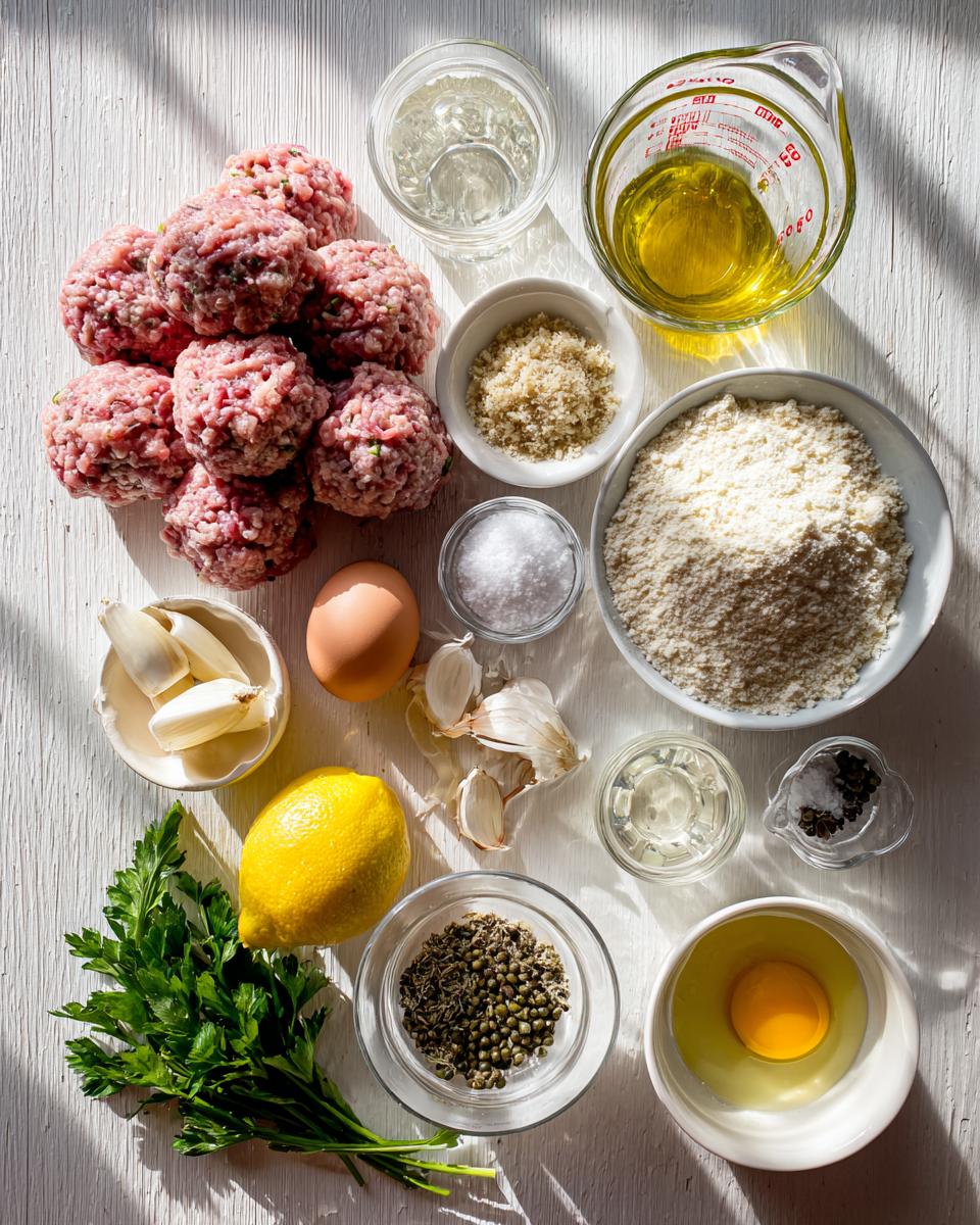 Overhead view of raw ingredients for chicken piccata meatballs, including raw meat mixture, flour, eggs, lemon, and capers.