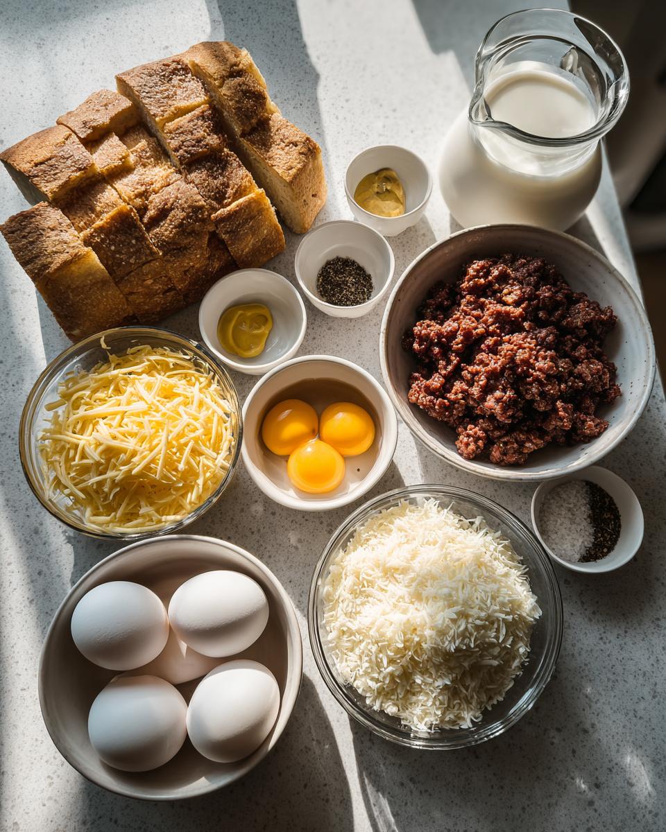 Overhead view of ingredients for christmas breakfast casserole including bread, cheese, eggs, meat, and milk.
