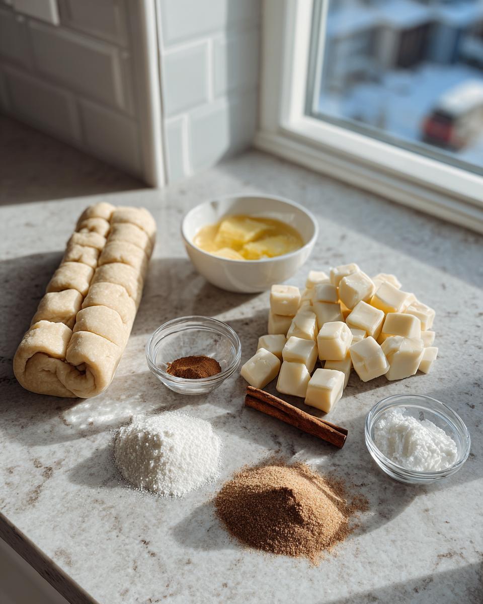 Ingredients laid out for cinnamon roll bites, including dough log, cream cheese cubes, cinnamon, and sugars.