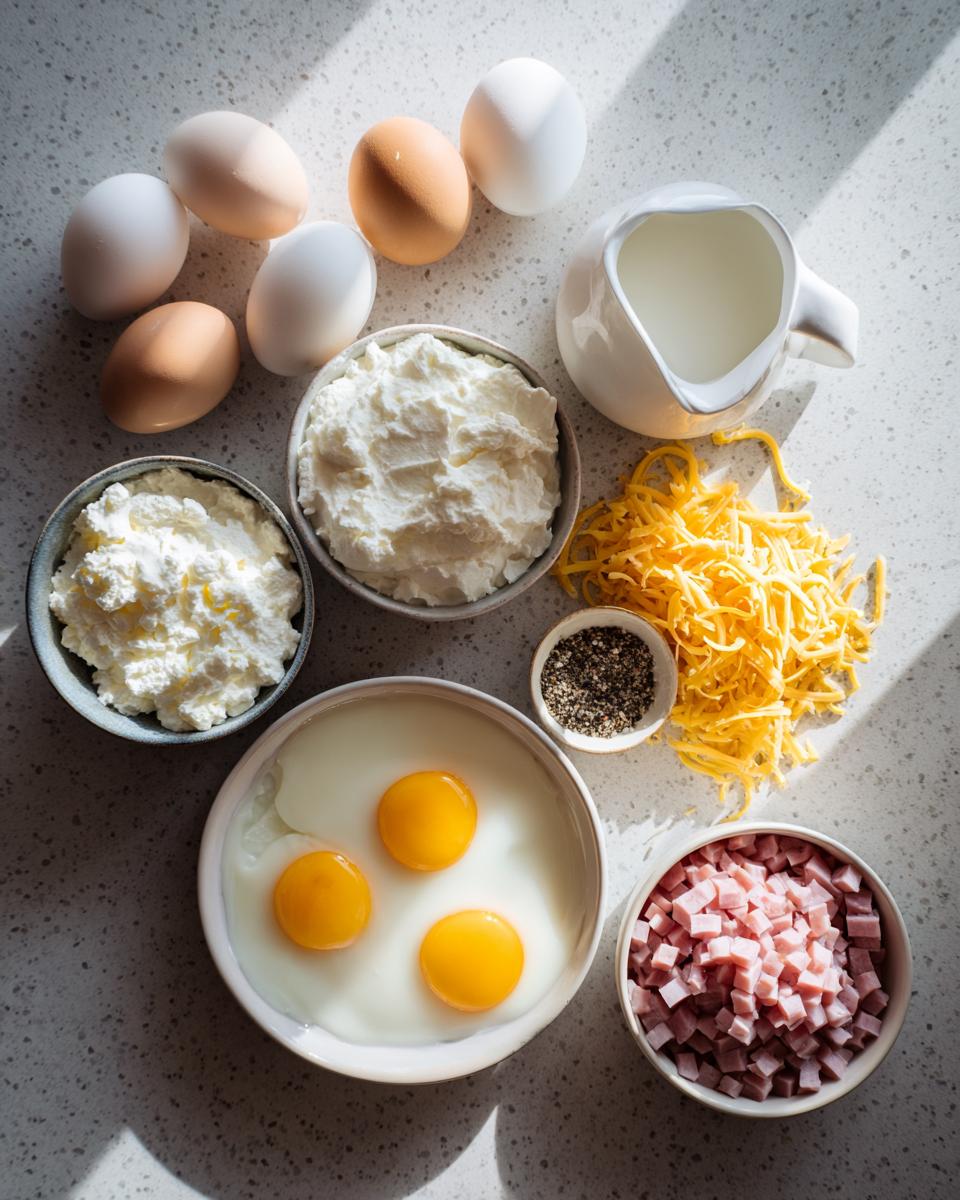 Ingredients laid out for cottage cheese egg cups starbucks hack, including cottage cheese, eggs, ham, cheese, and milk.