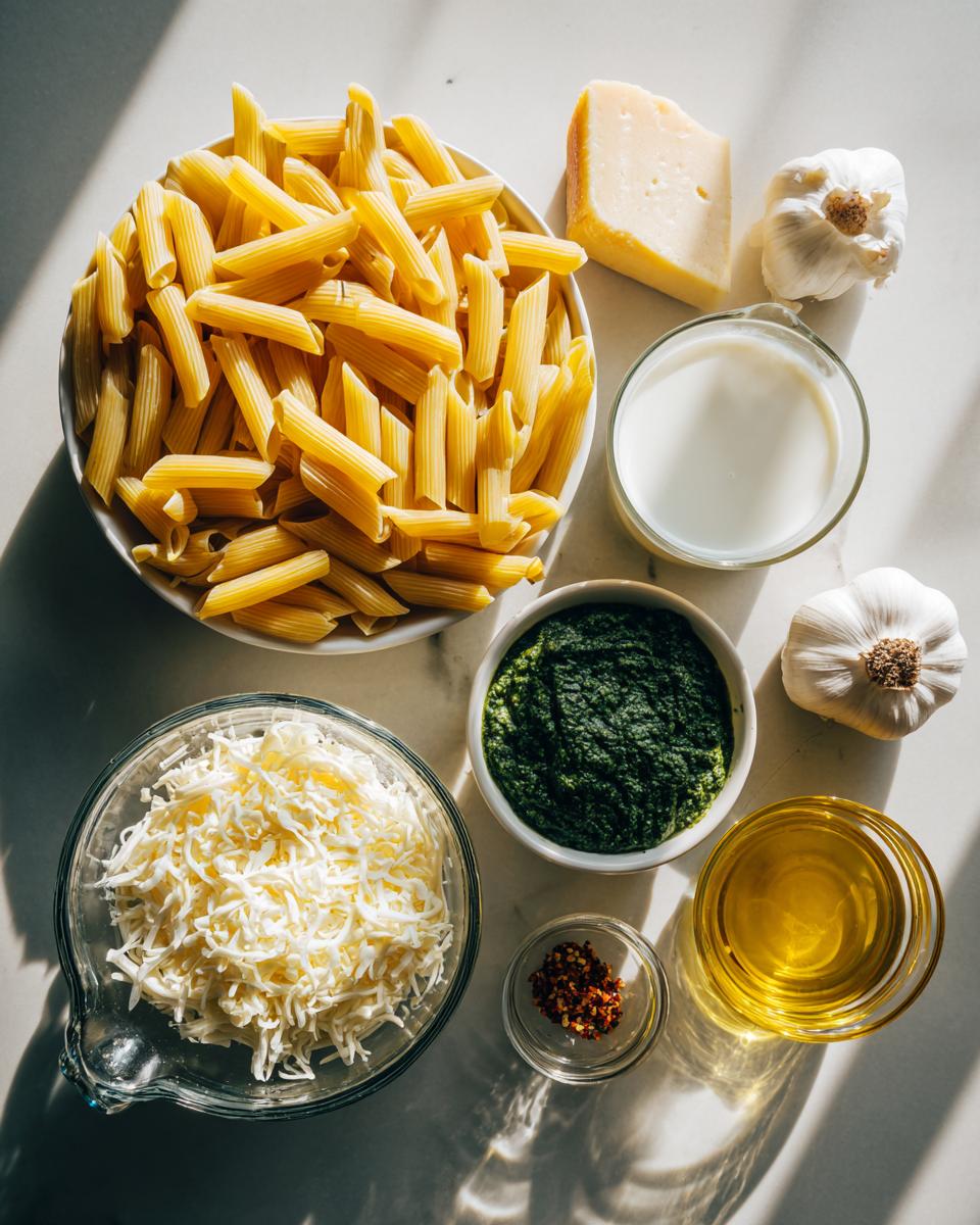 Overhead shot of ingredients for creamy pesto pasta, including penne pasta, pesto, shredded cheese, milk, garlic, and oil.