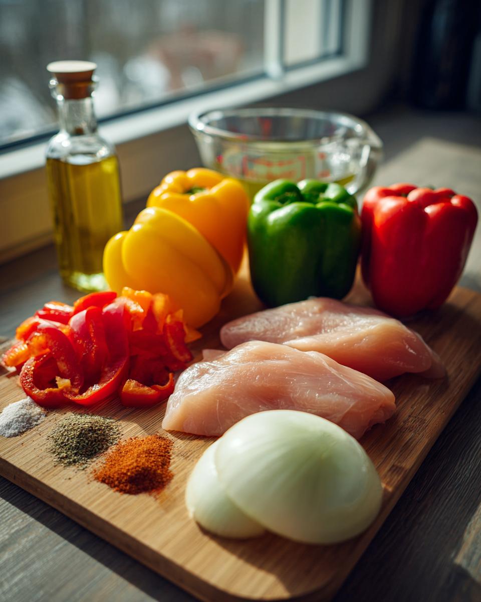 Raw ingredients including chicken breasts, colorful bell peppers, onion, spices, and oil for making crockpot chicken fajitas.