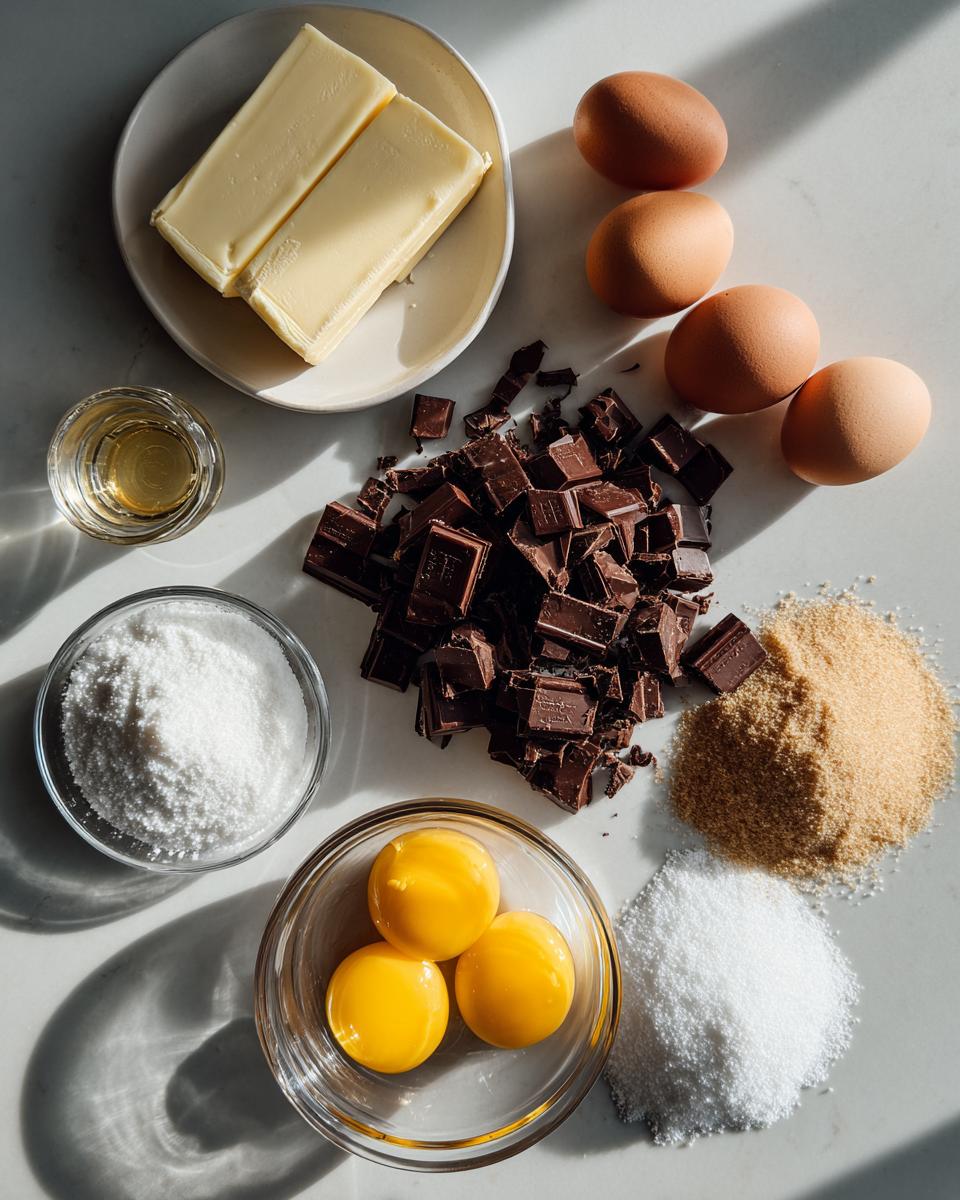 Mise en place of ingredients for flourless chocolate torte, including chocolate, butter, eggs, and sugars.