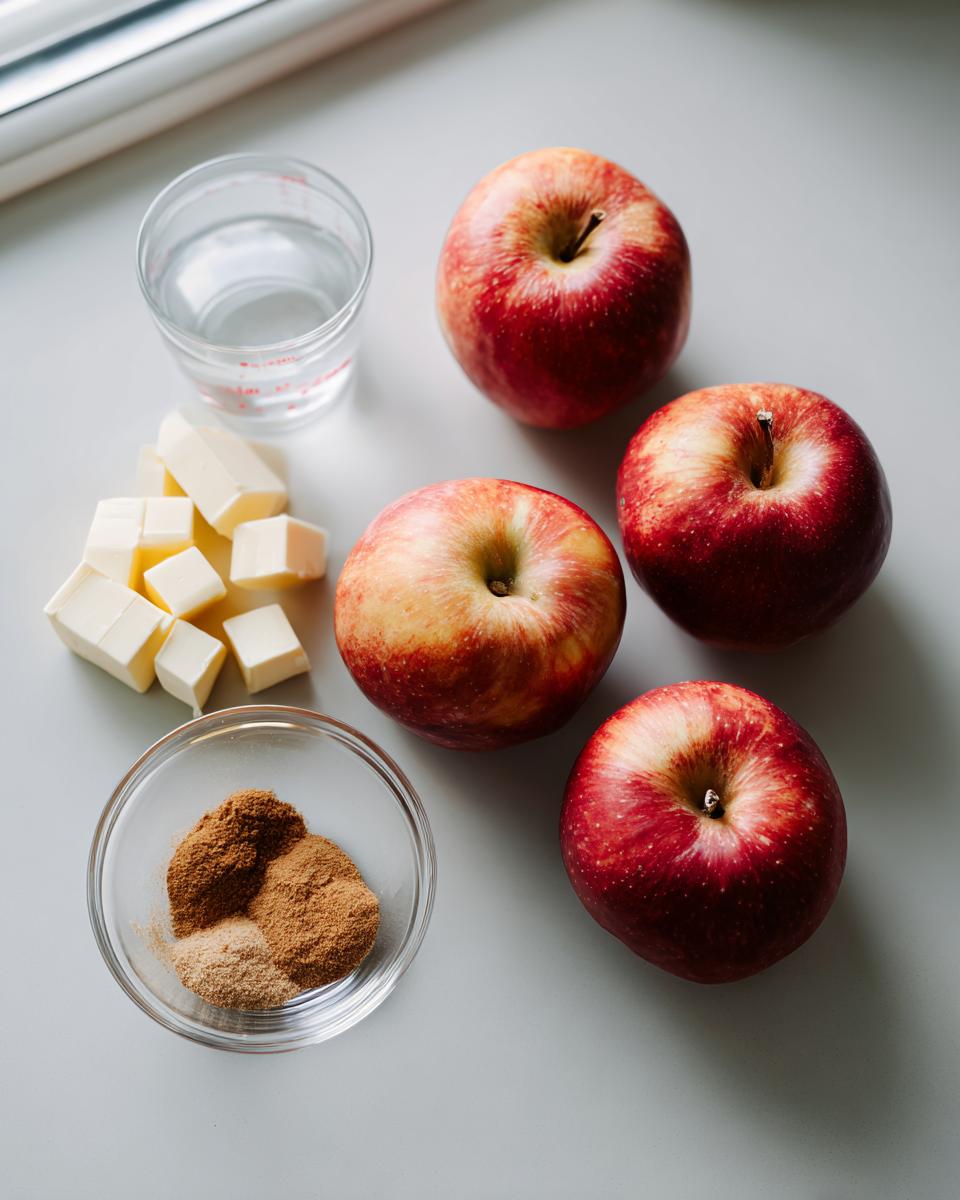 Ingredients laid out for baked apples: four red apples, cubed butter, spices in a bowl, and water.