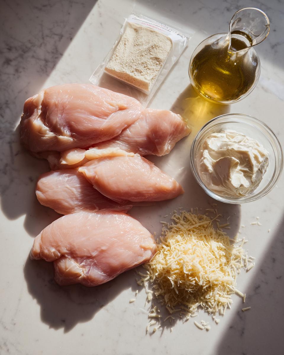Raw ingredients including chicken breasts, shredded cheese, cream cheese, ranch seasoning, and oil for baked ranch chicken.