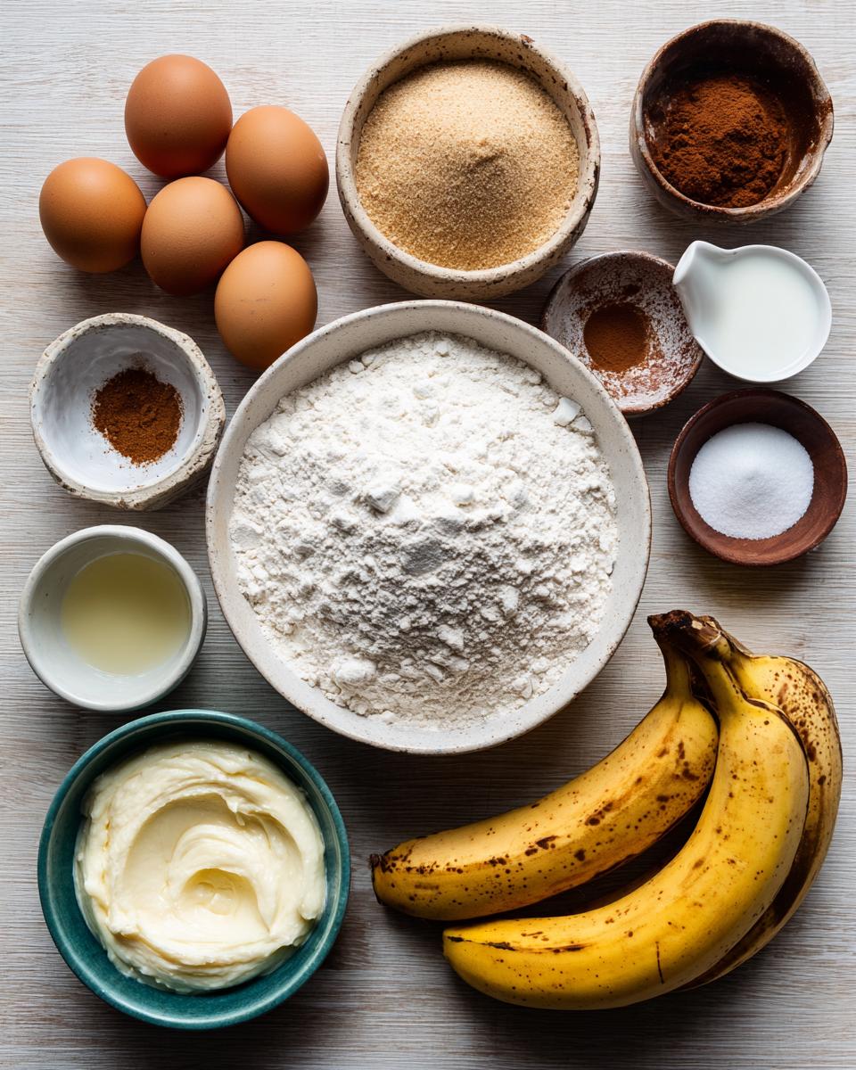 Overhead view of ingredients for the best banana bread, including flour, eggs, sugar, butter, and ripe bananas.