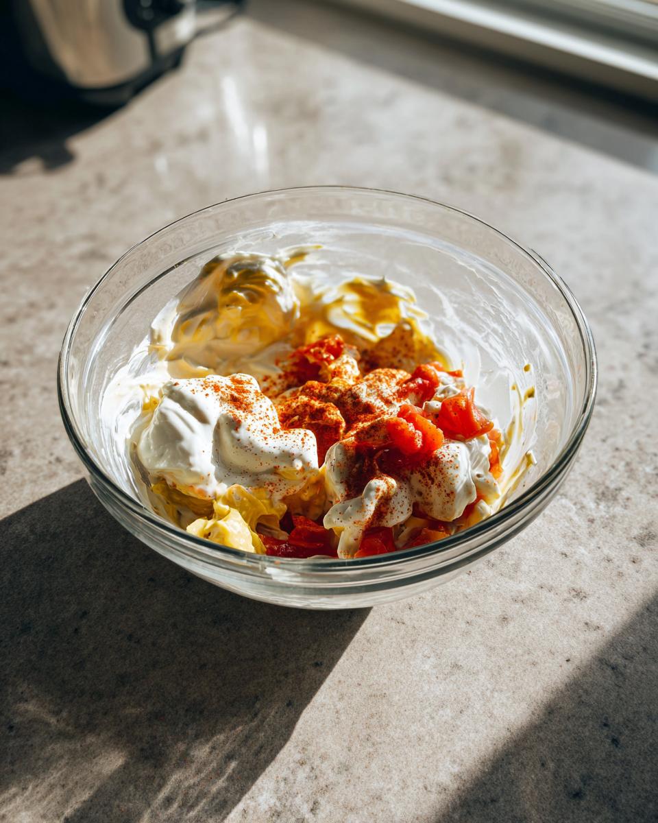 Glass bowl containing ingredients like mayonnaise, chopped red peppers, and paprika for making burger sauce.