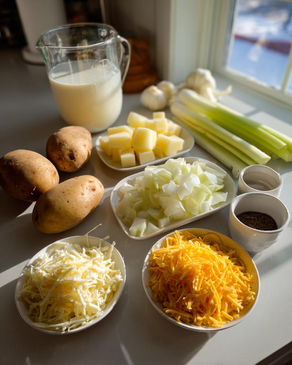 Mise en place ingredients including potatoes, milk, onions, celery, and shredded cheese for making cheese soup.