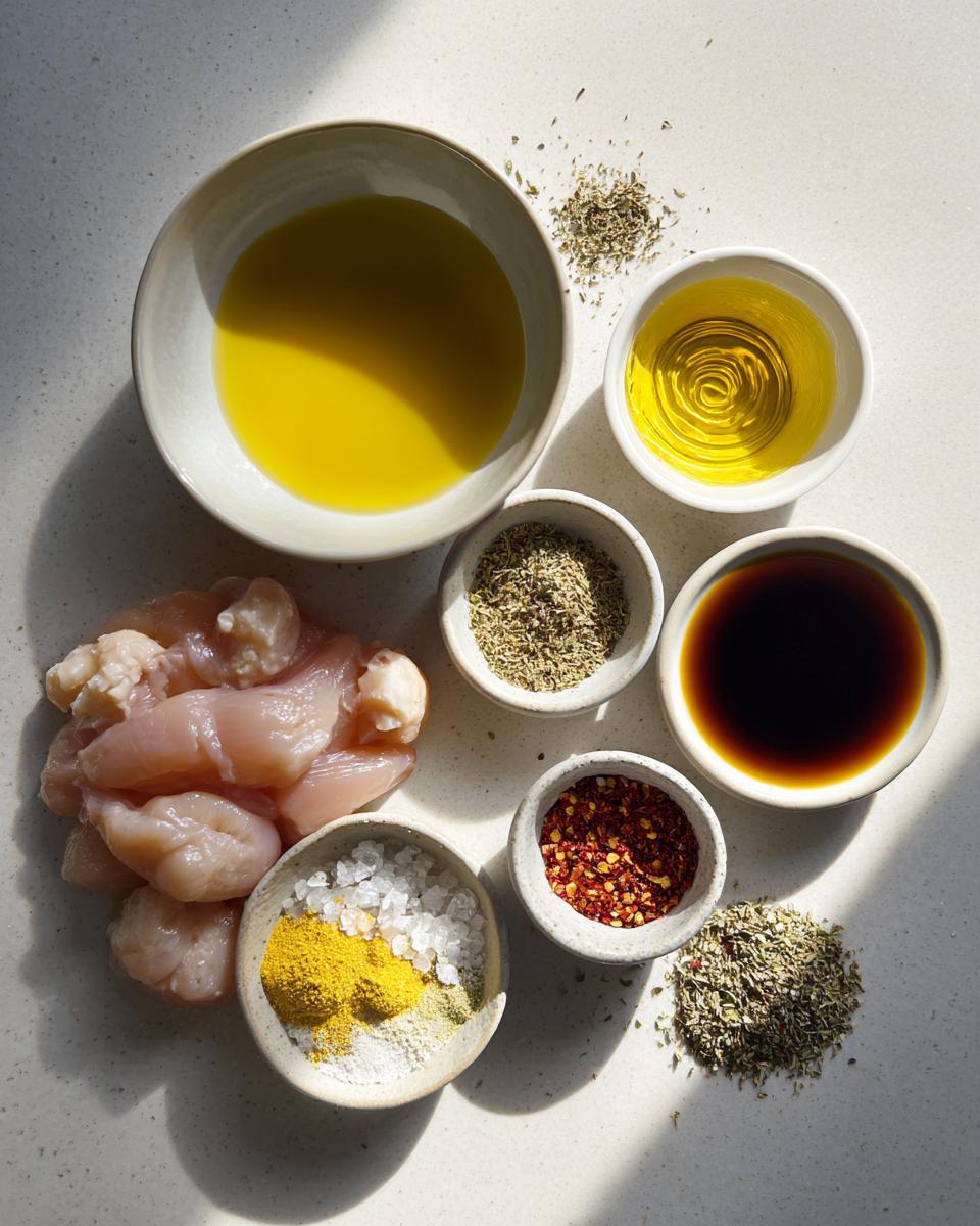 Overhead view of raw chicken pieces and bowls containing liquids and spices for a chicken marinade.