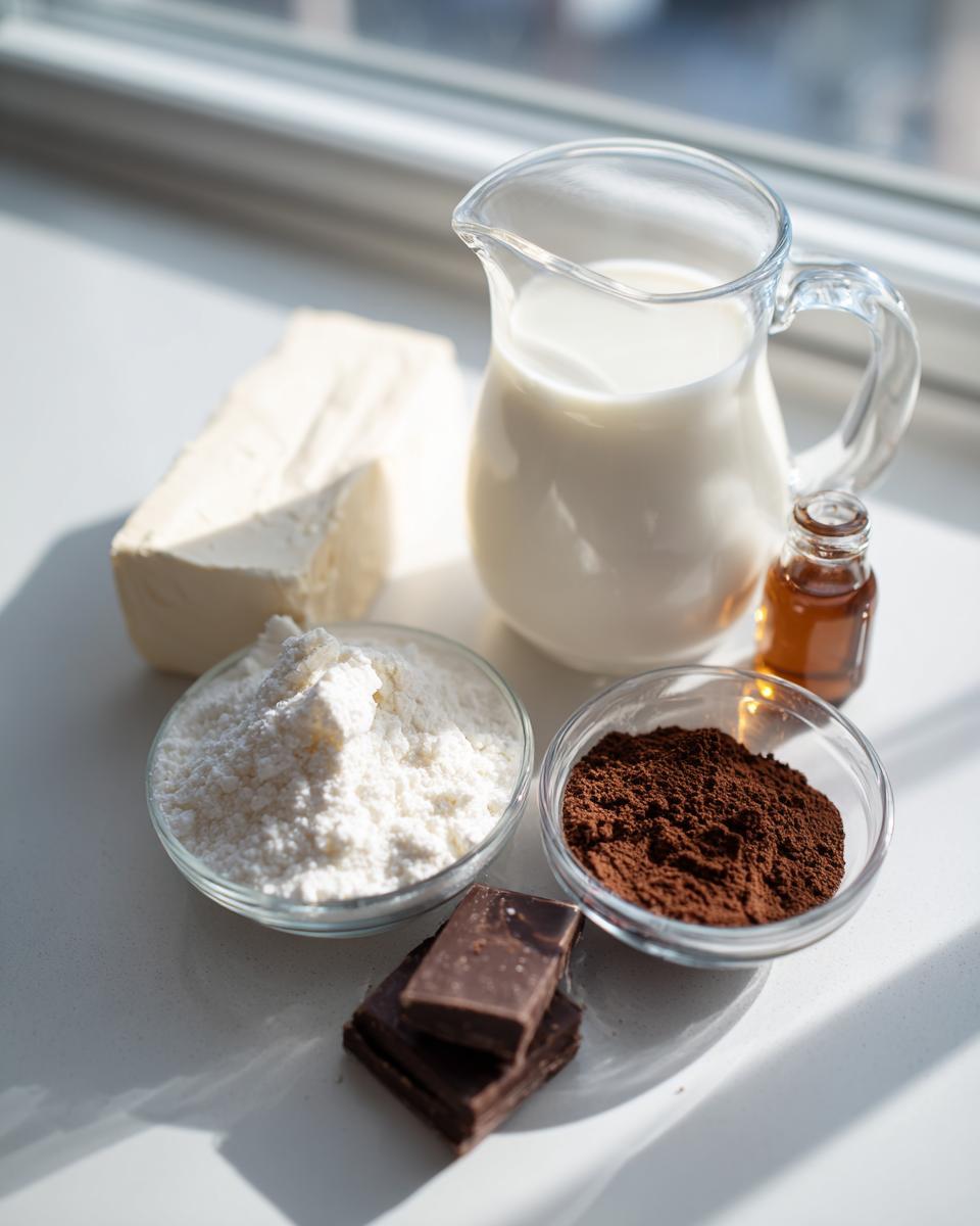 Ingredients laid out for chocolate dip: cocoa powder, powdered sugar, milk, cream cheese, vanilla, and chocolate squares.