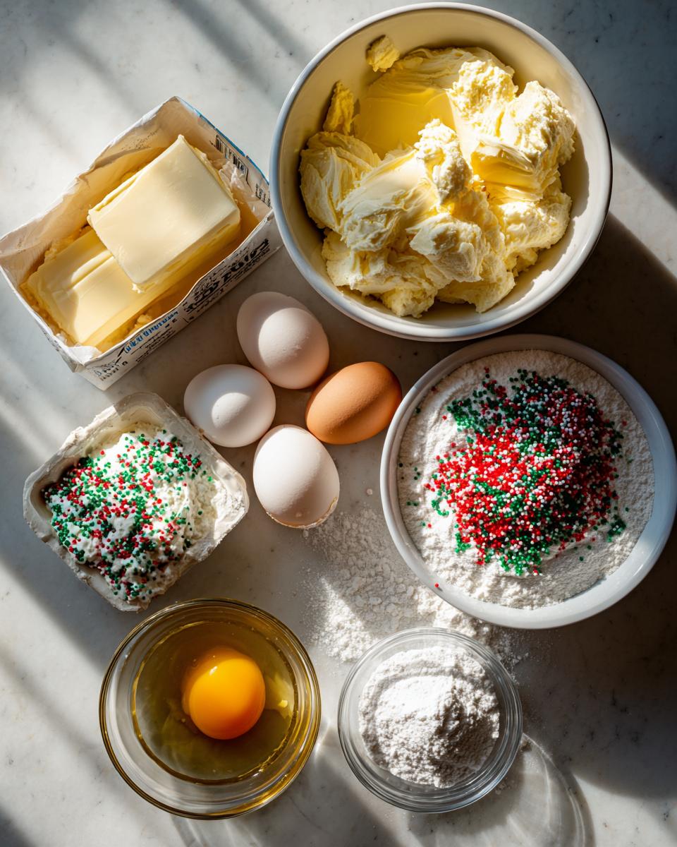 Overhead view of ingredients including butter, eggs, flour with sprinkles, and sugar for making christmas gooey butter cookies.
