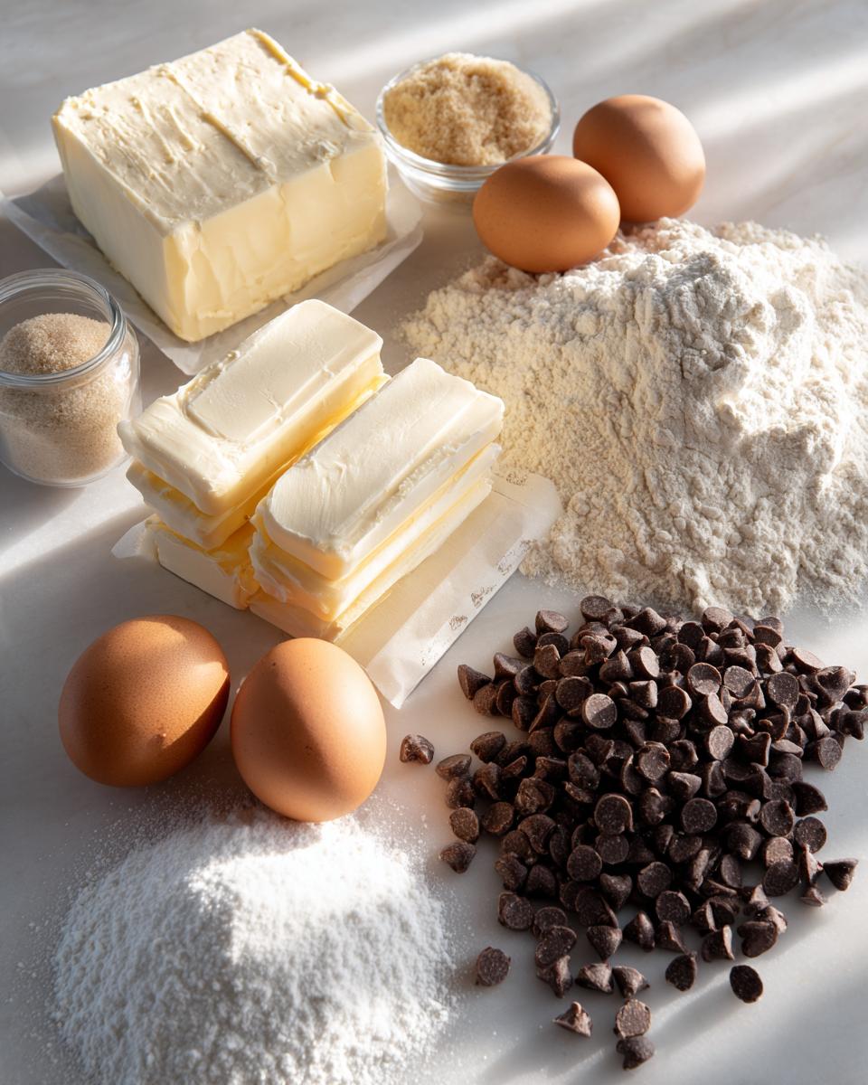 Baking ingredients laid out, including butter, flour, eggs, sugar, and chocolate chips for cream cheese chocolate chip cookies.