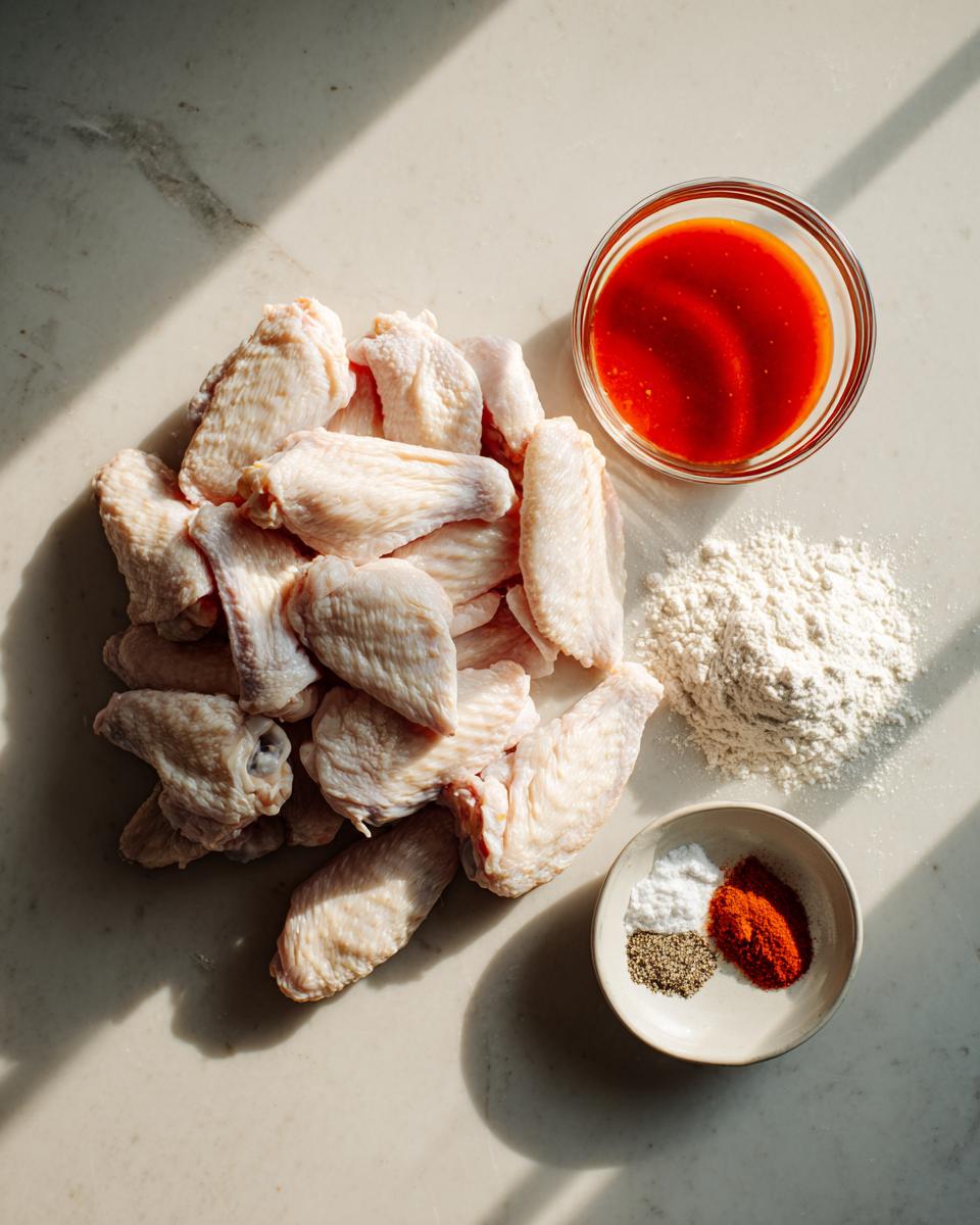 Raw chicken wings, flour, spices, and hot sauce laid out for making crispy baked chicken wings.