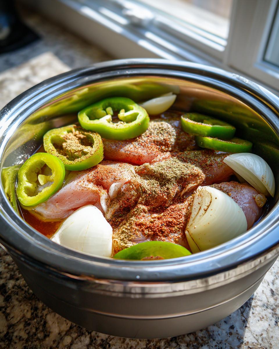 Raw chicken breasts seasoned heavily in a slow cooker insert with sliced onions and green bell peppers for crockpot chicken fajitas.