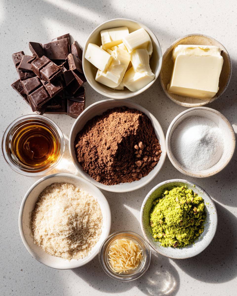 Overhead view of ingredients for dubai chocolate balls, including chopped dark chocolate, cocoa powder, butter, sugar, and crushed pistachios.