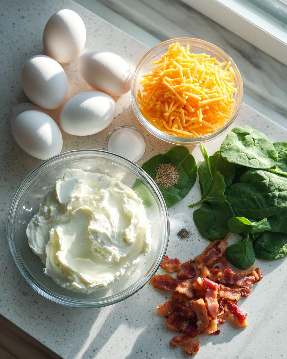 Ingredients laid out for high-protein egg bites, including eggs, cream cheese, shredded cheddar, spinach, and cooked bacon.