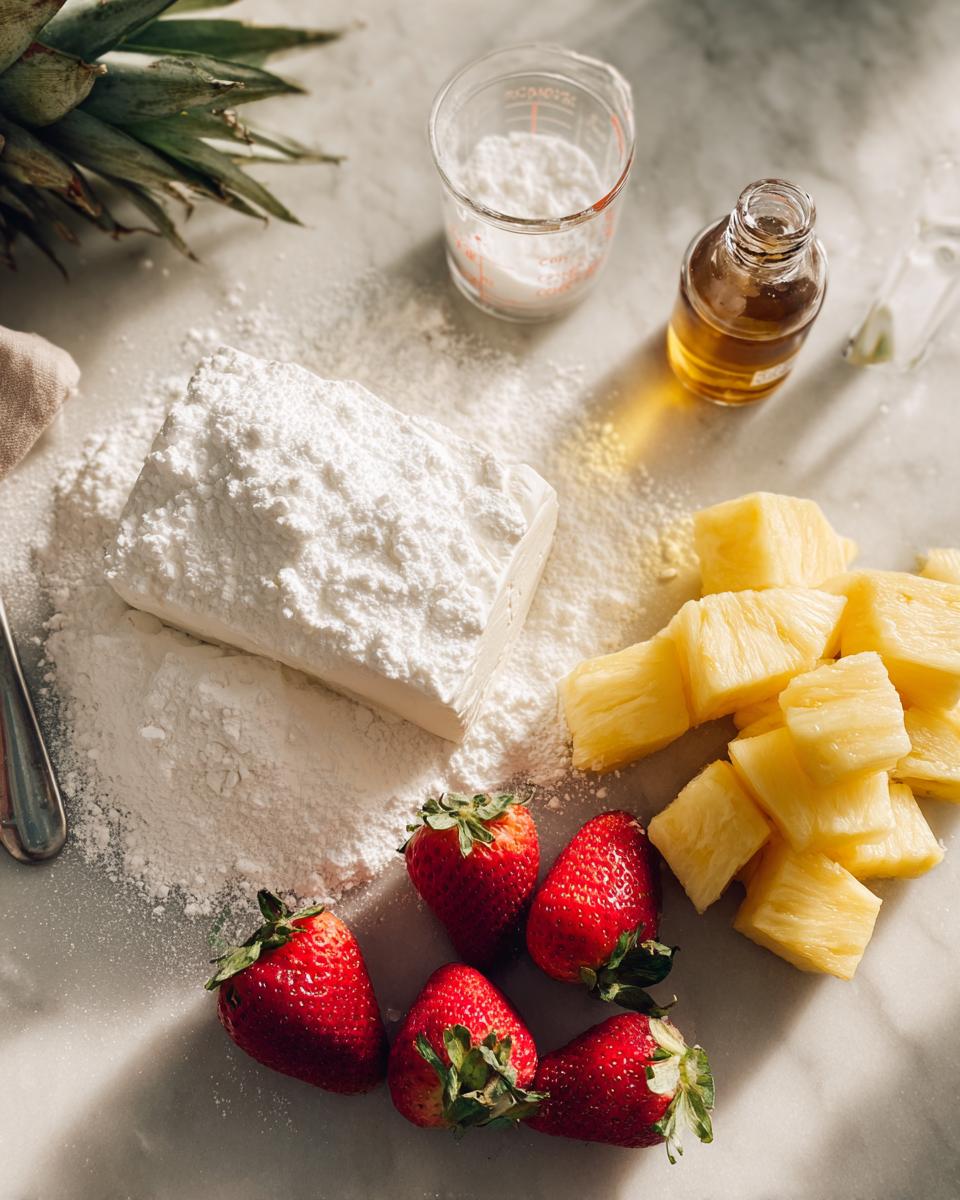 Ingredients laid out for fruit dip, including cream cheese, powdered sugar, strawberries, and pineapple chunks.