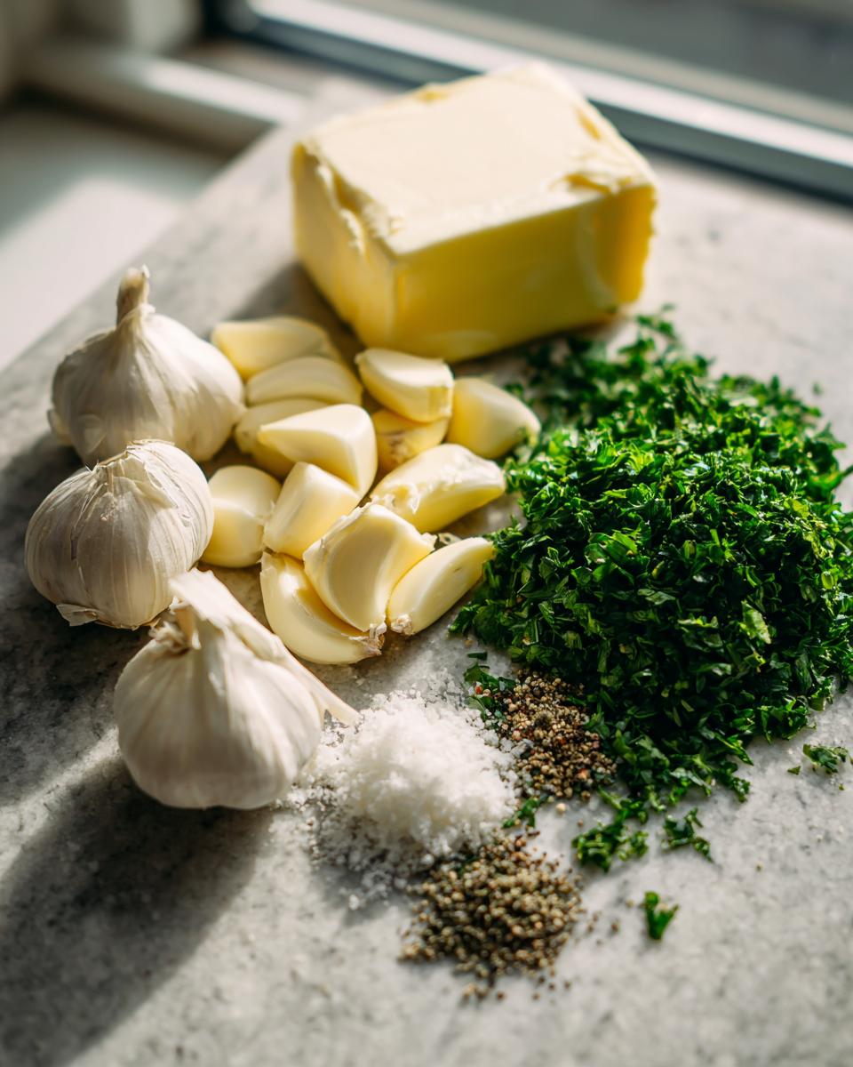 Ingredients laid out for garlic butter: butter, whole garlic bulbs, peeled garlic cloves, chopped parsley, salt, and pepper.