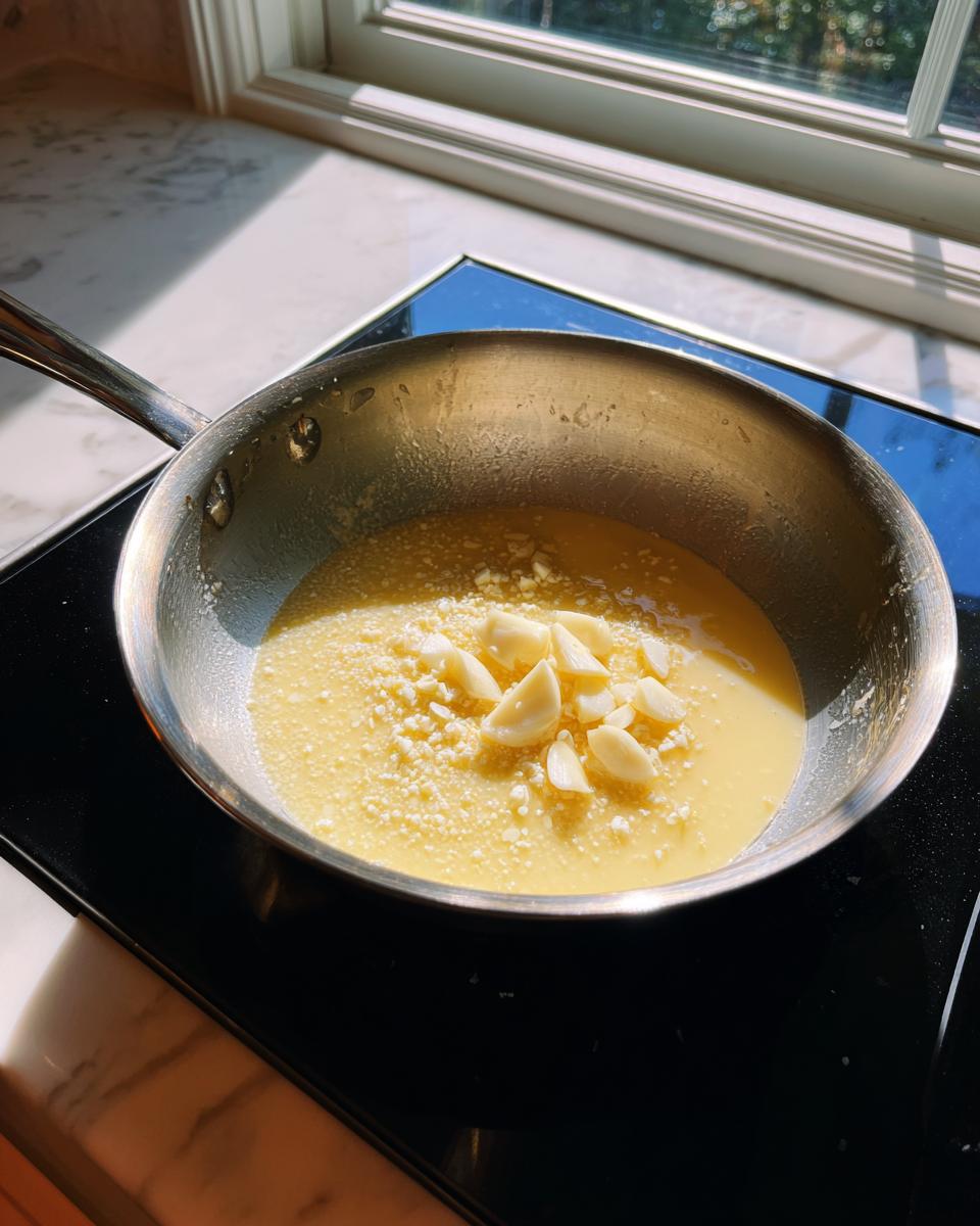 Melted butter, grated cheese, and sliced garlic cooking in a stainless steel pan for homemade alfredo sauce.