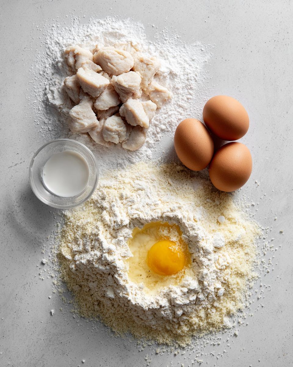 Overhead view of raw ingredients for homemade chicken nuggets: cubed chicken, flour, three brown eggs, and milk.
