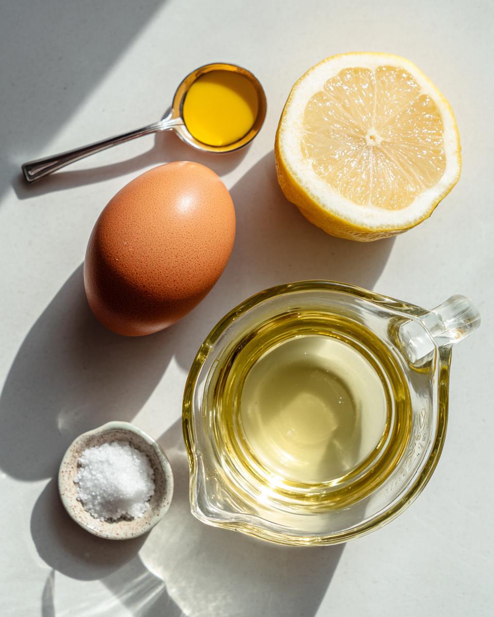 Overhead shot of ingredients for homemade mayonnaise: an egg, a halved lemon, oil in a measuring cup, salt, and vinegar/mustard on a spoon.