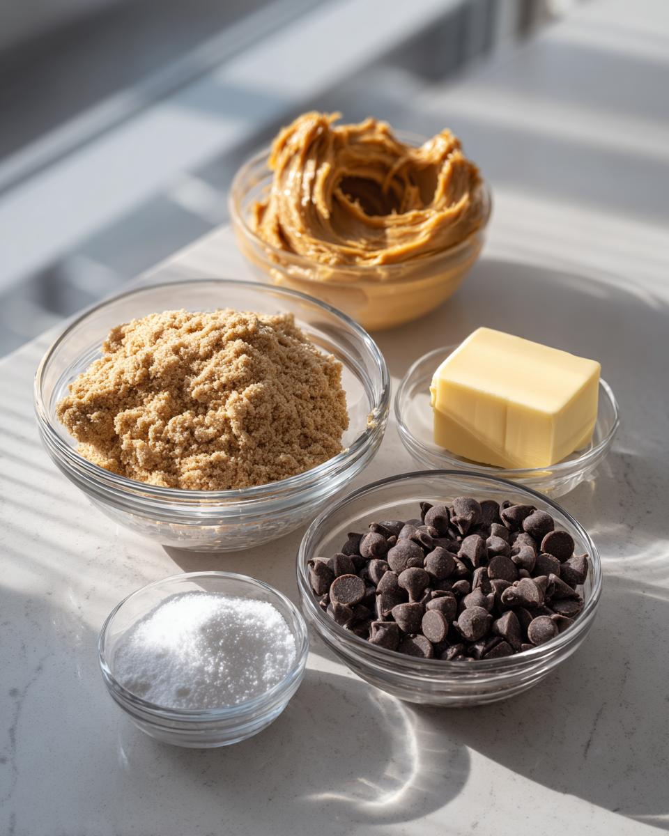 Bowls of ingredients for peanut butter bars: peanut butter, brown sugar, butter, chocolate chips, and white sugar.