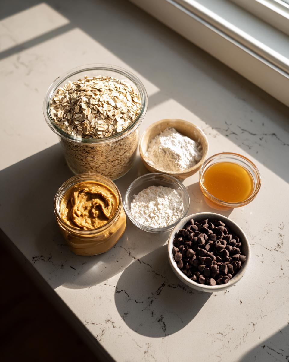 Ingredients laid out for making protein bars: oats, peanut butter, protein powder, honey, and chocolate chips.