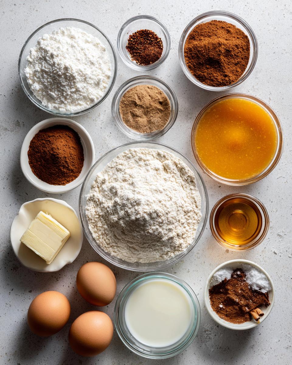 Overhead view of all dry and wet ingredients, including flour, spices, eggs, and butter, needed for pumpkin waffles.