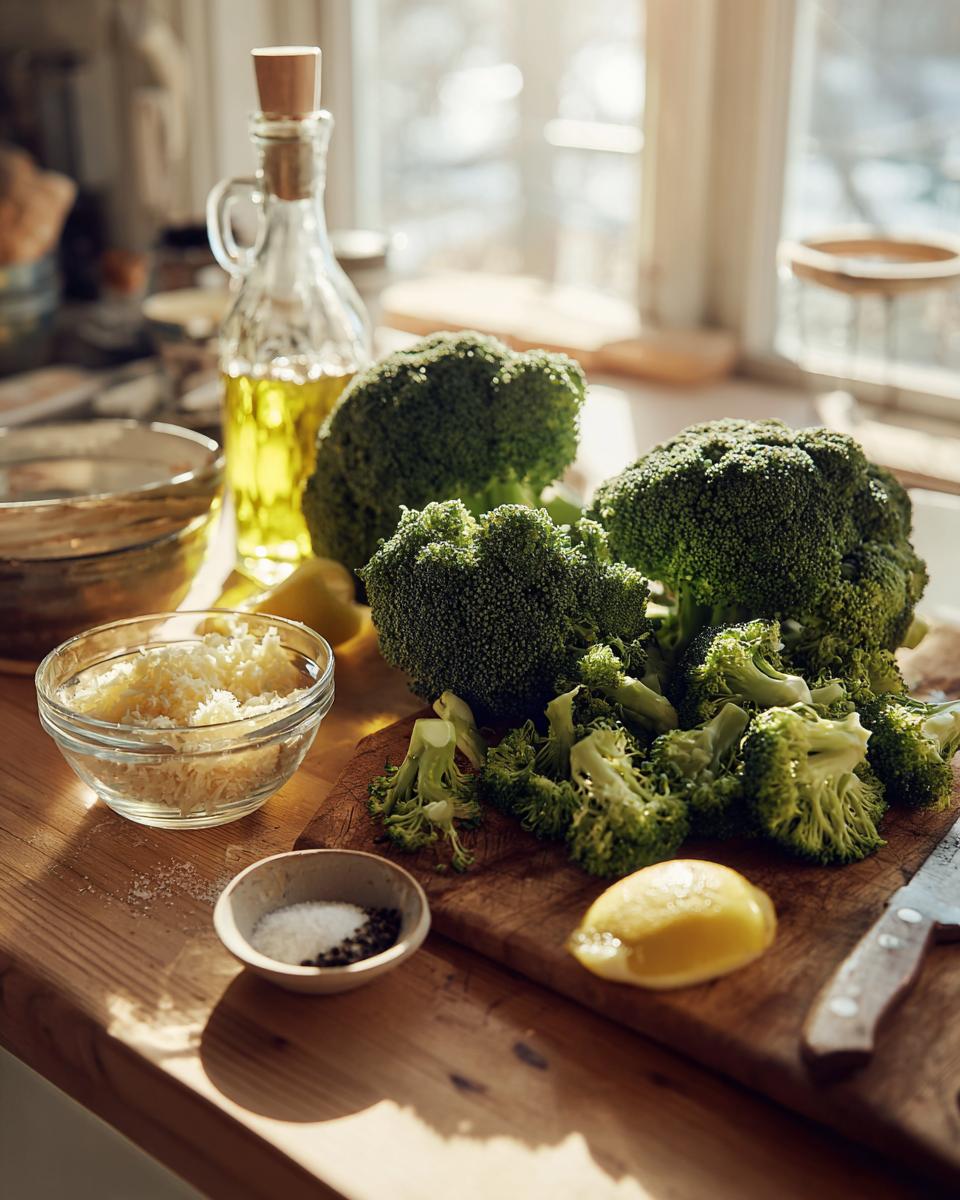 Fresh broccoli florets being prepped on a cutting board alongside olive oil, grated cheese, and lemon for roasted broccoli.