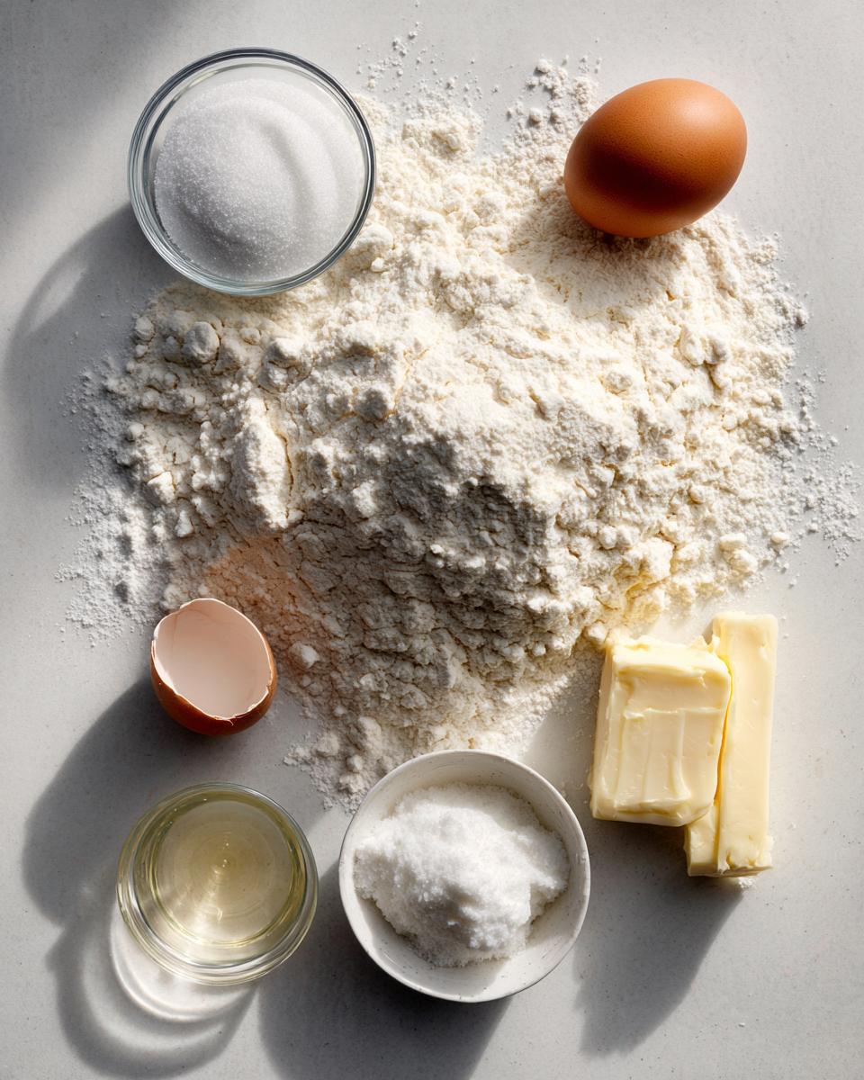 Overhead view of ingredients for soft sugar cookies: flour, butter, sugar, egg, and oil.