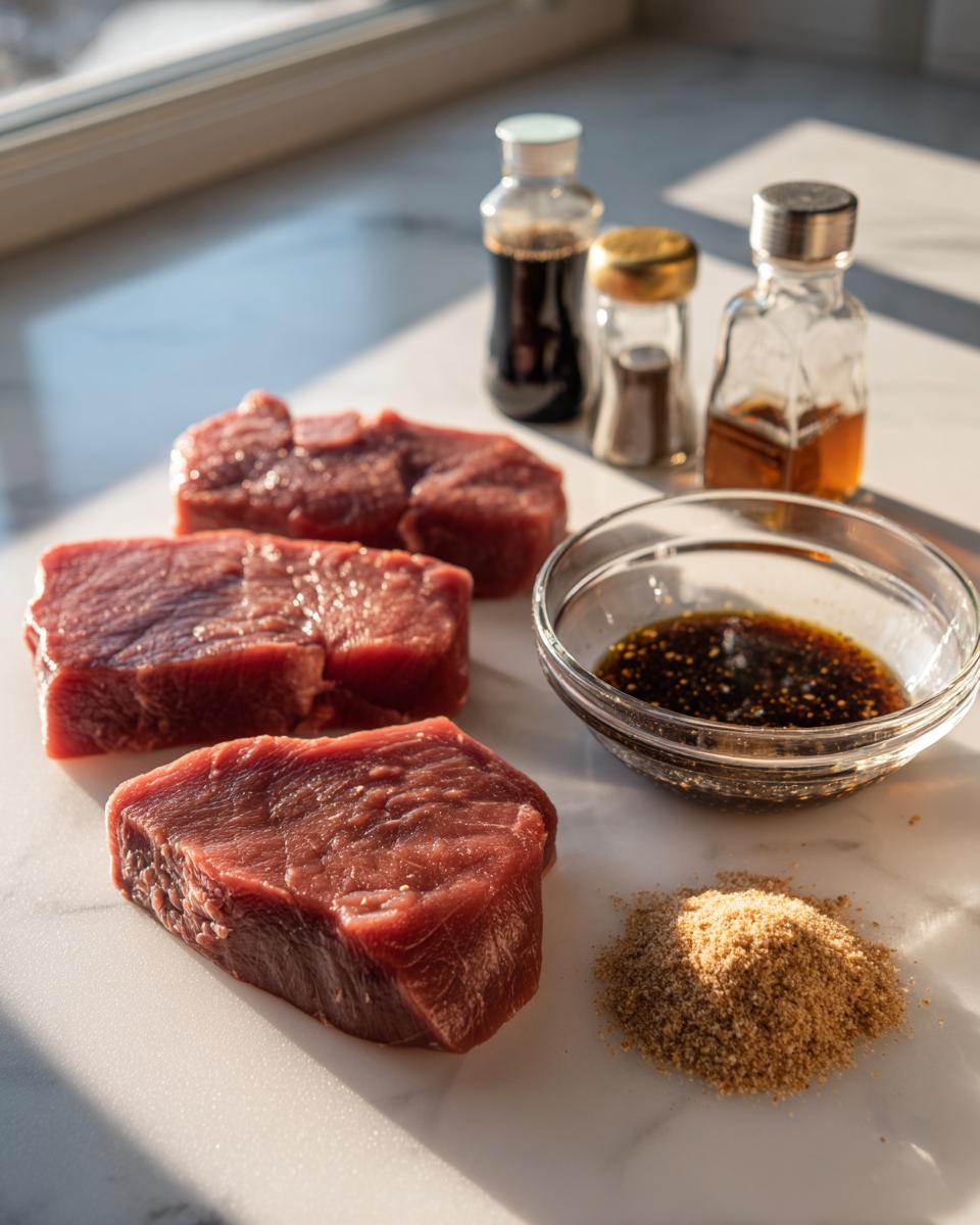 Three raw tuna steaks ready for a MARINADE FOR TUNA STEAK, with ingredients like brown sugar and sauces nearby.