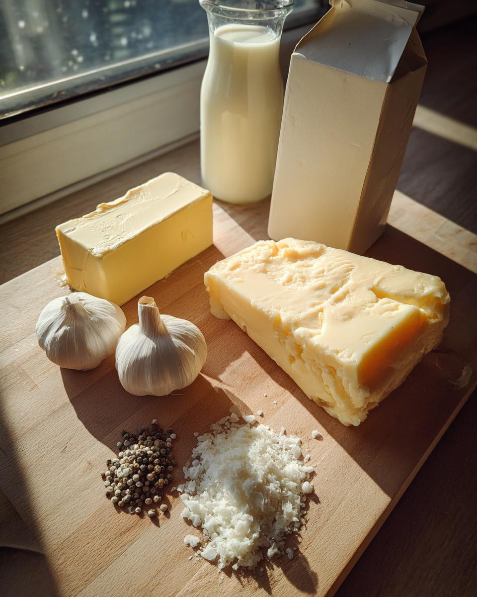 Ingredients for homemade alfredo sauce including butter, cheese, garlic, milk, and peppercorns.