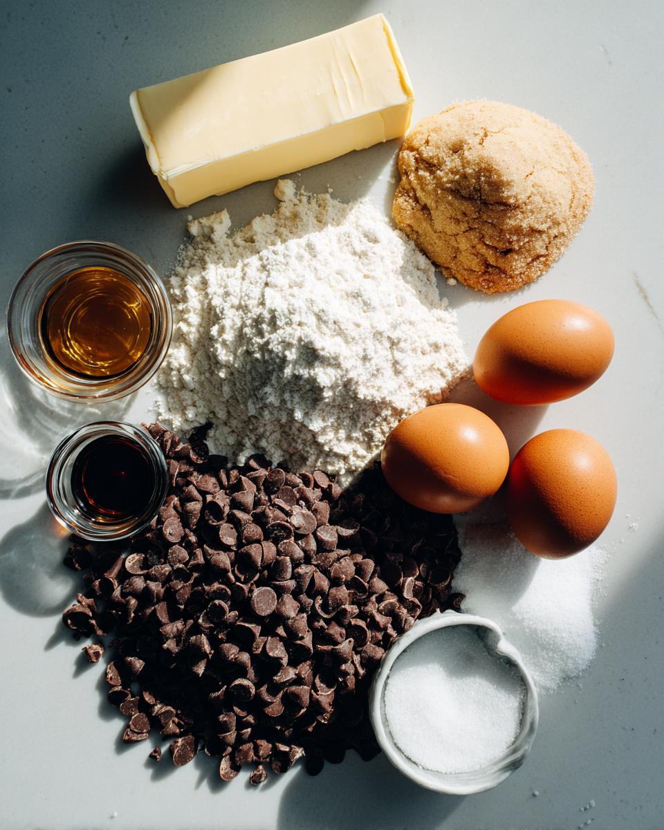 Overhead view of key ingredients for homemade chocolate chip cookies: butter, flour, brown sugar, eggs, chocolate chips, and white sugar.