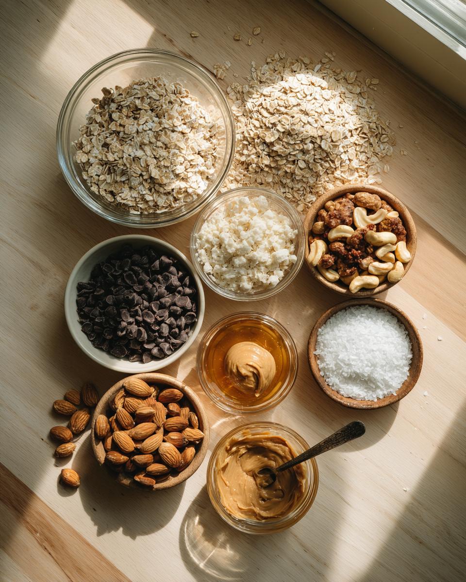 Overhead view of ingredients for homemade granola bars, including rolled oats, almonds, chocolate chips, peanut butter, and honey.