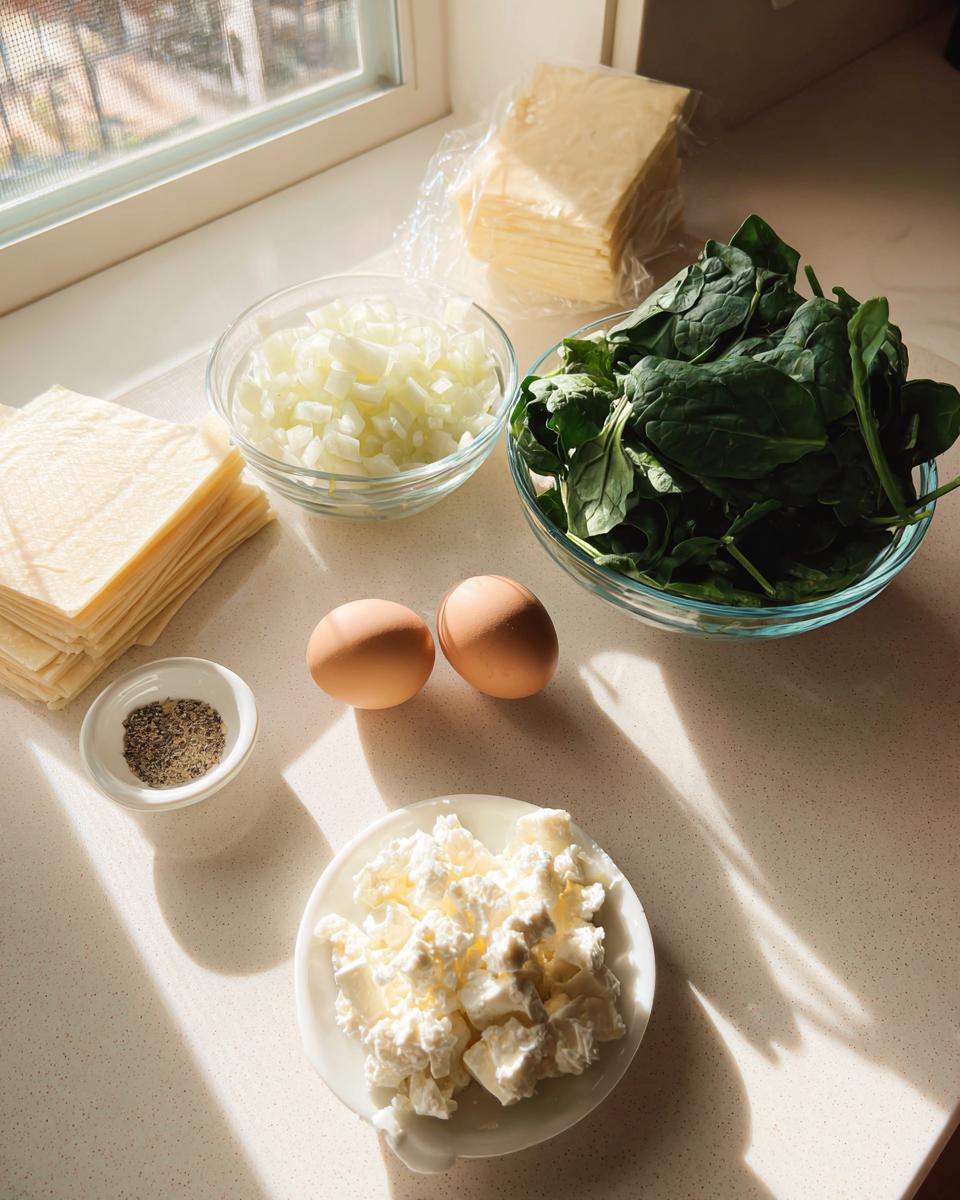 Ingredients laid out for Mediterranean Spinach and Feta Cheese Crisps, including feta, spinach, eggs, and phyllo dough.