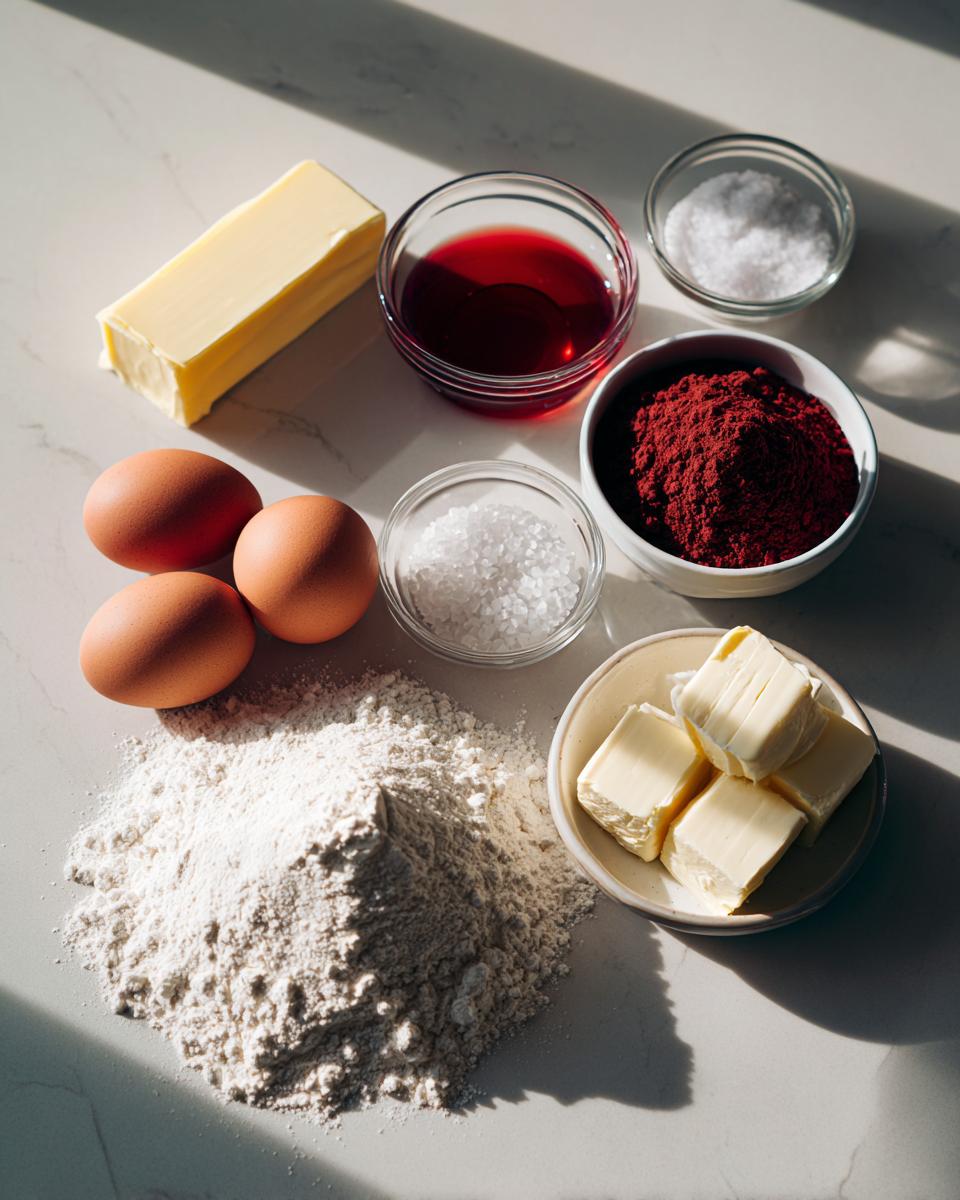 Mise en place of ingredients including flour, eggs, butter, salt, red coloring, and cocoa powder for red velvet cheesecake brownies.