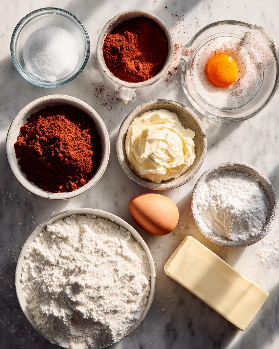 Mise en place ingredients for red velvet cupcakes, including flour, cocoa powder, sugar, butter, and eggs, laid out on marble.