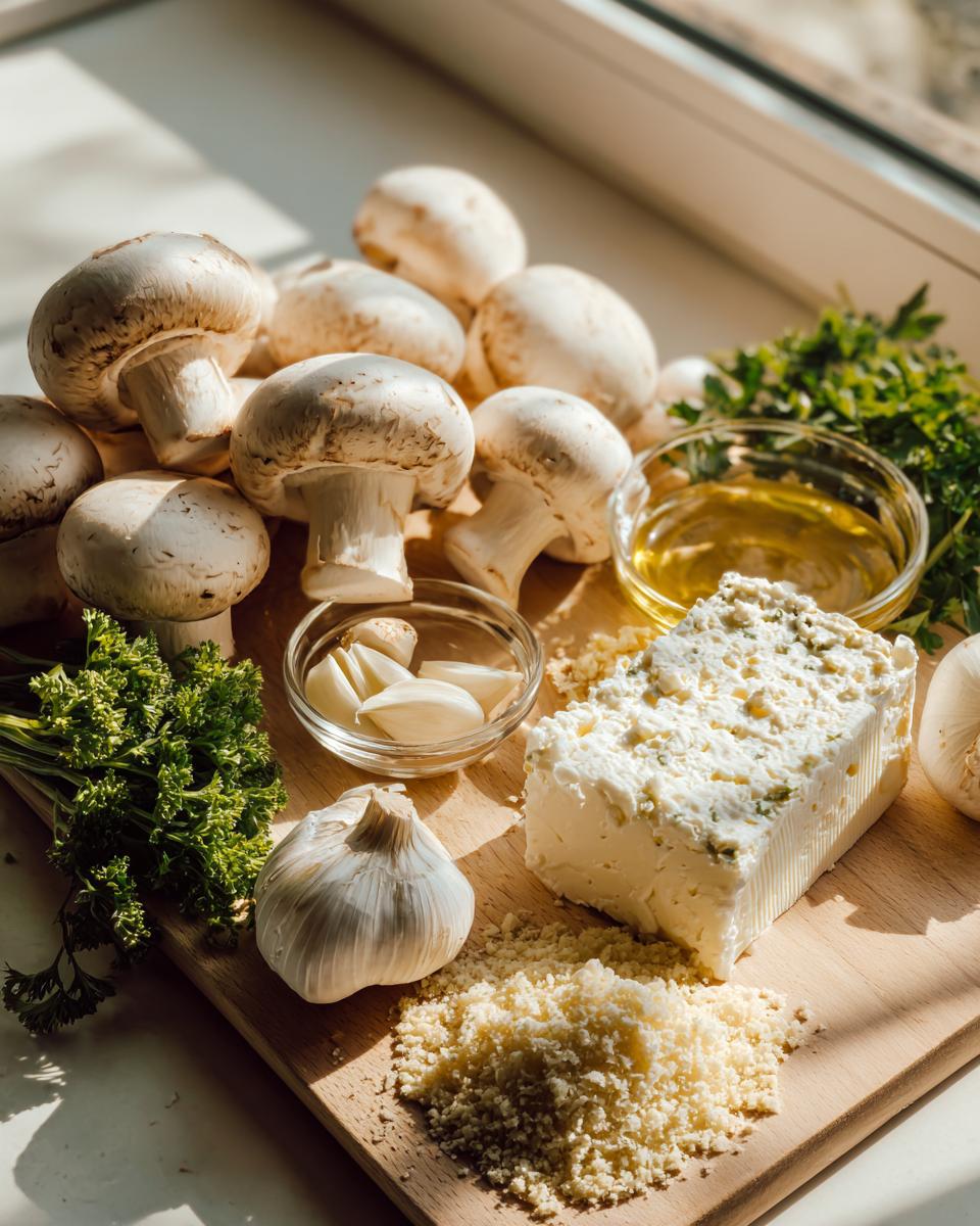 Ingredients laid out for a stuffed mushrooms recipe, including fresh white button mushrooms, cheese, garlic, and parsley.