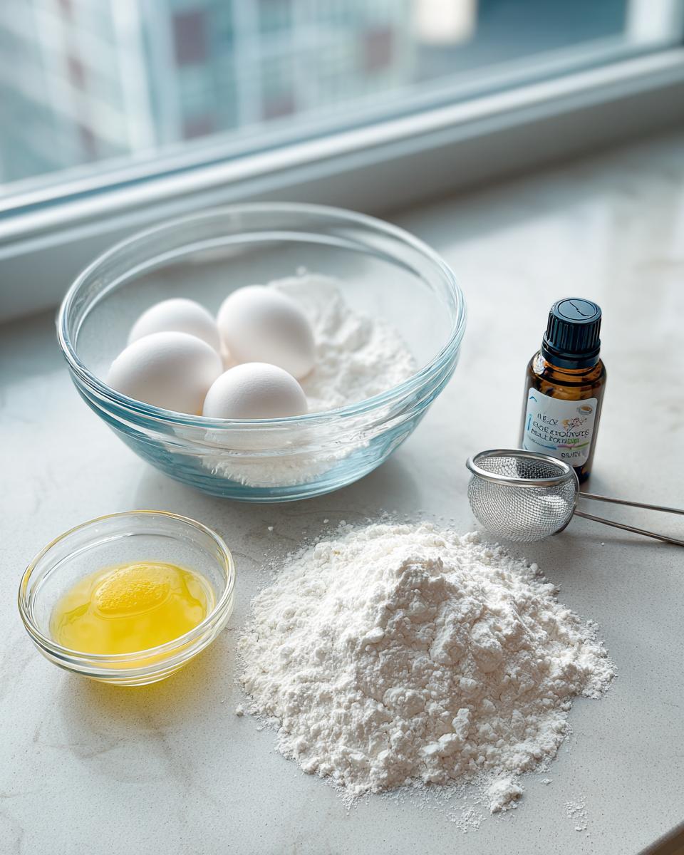 Ingredients laid out for sugar cookie icing, including powdered sugar, eggs, and flavoring extract.