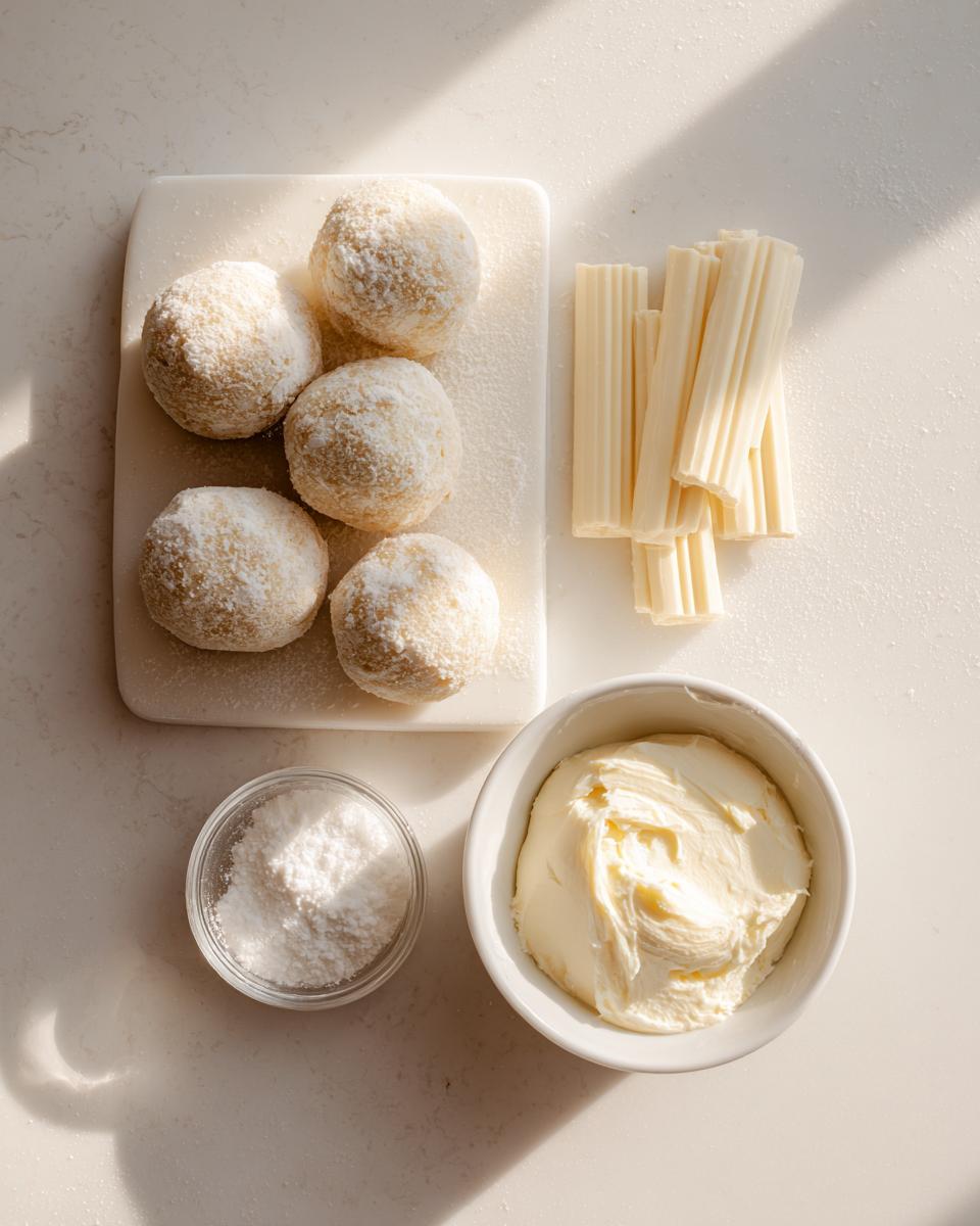 Overhead view of ingredients for sugar cookie truffles: finished truffles, white chocolate, frosting, and powdered sugar.