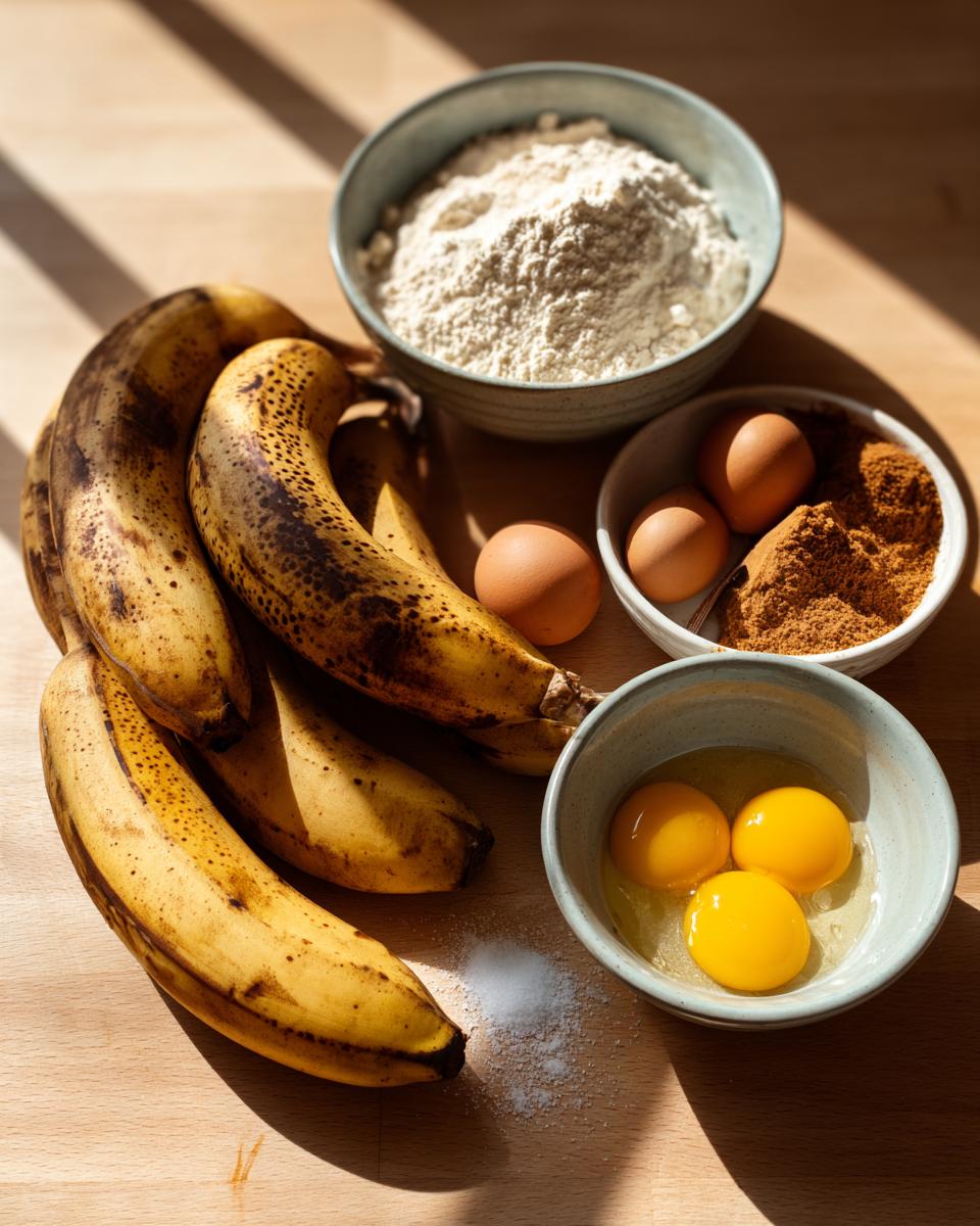 Ingredients laid out for sugar free banana bread, including overripe bananas, flour, eggs, and spices.