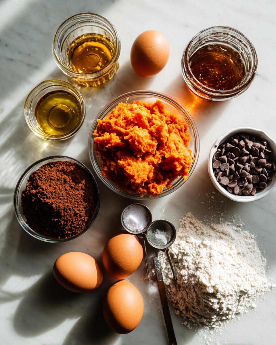 Overhead view of ingredients for sweet potato brownies, including mashed sweet potato, cocoa powder, eggs, flour, and chocolate chips.