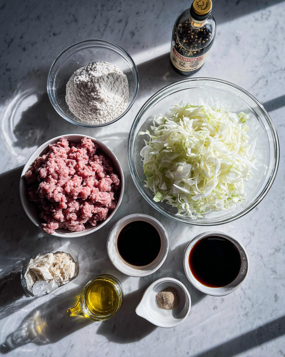 Overhead view of ingredients for Traditional Chinese Dumplings, including ground meat, shredded cabbage, flour, soy sauce, and oil.
