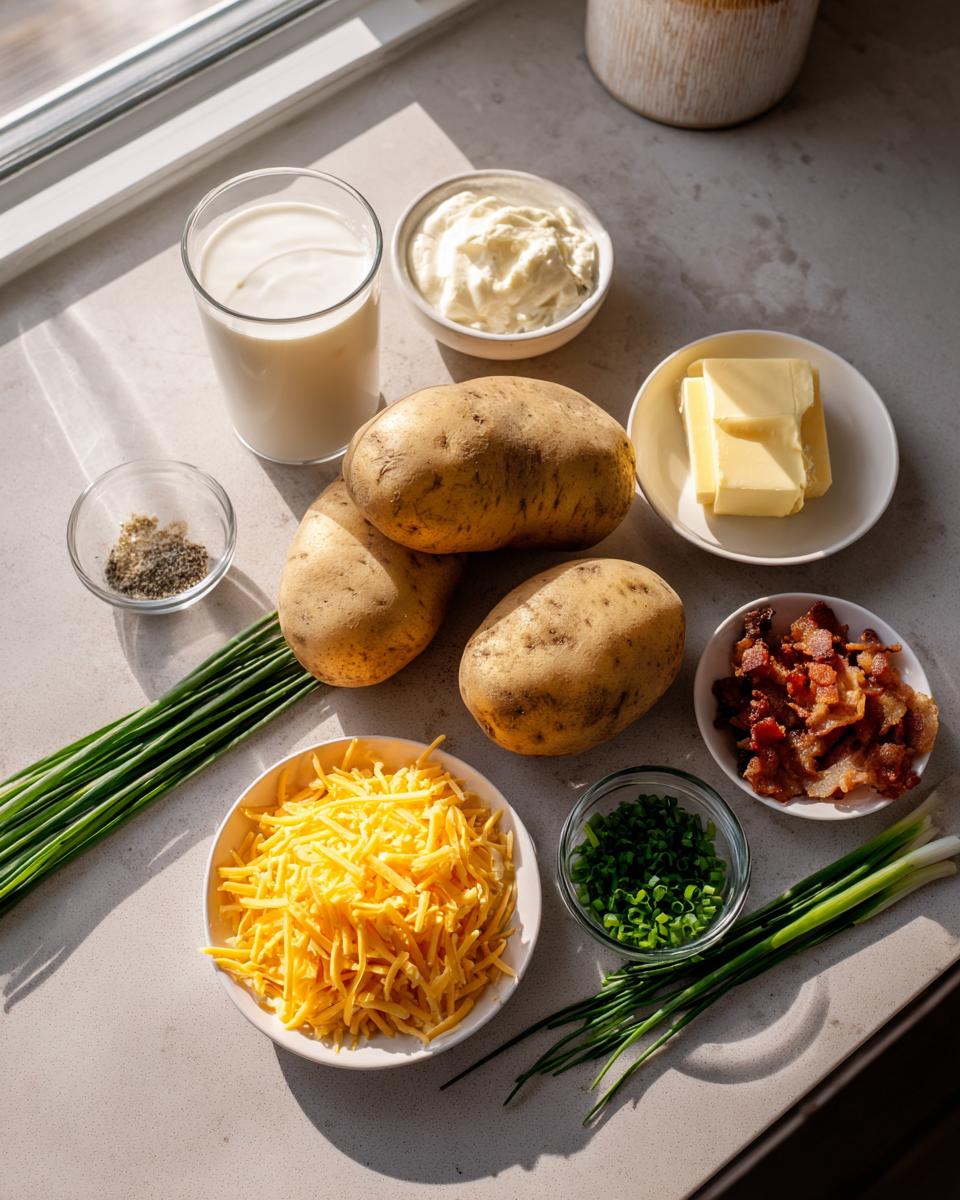 All ingredients laid out for making twice baked potatoes, including potatoes, cheese, bacon, butter, milk, and chives.