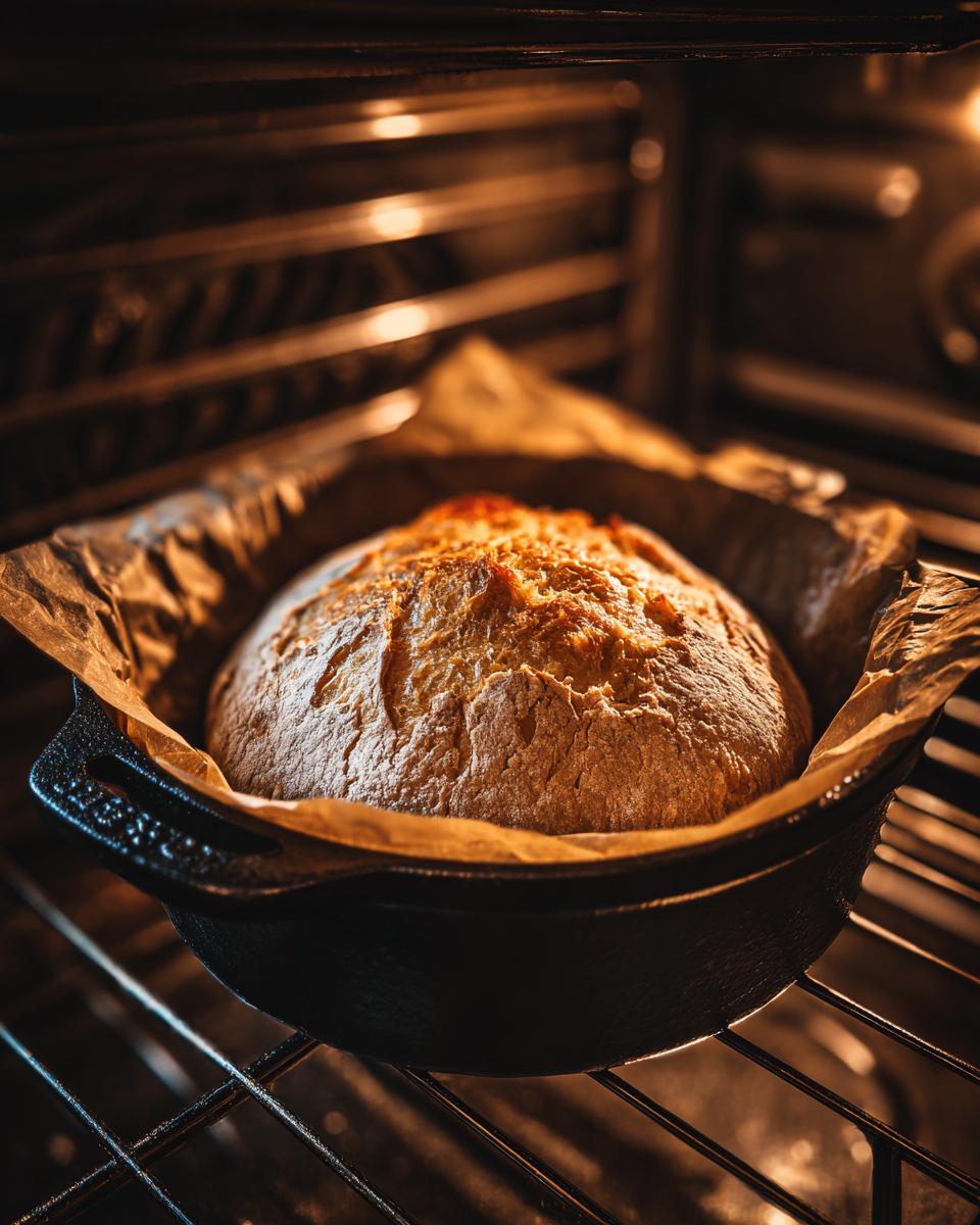 A golden-brown loaf of Italian bread baking inside a hot oven in a cast iron Dutch oven.