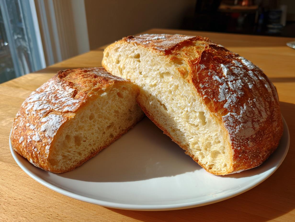 A freshly baked loaf of Italian bread, cut in half to show the airy interior crumb, resting on a white plate.