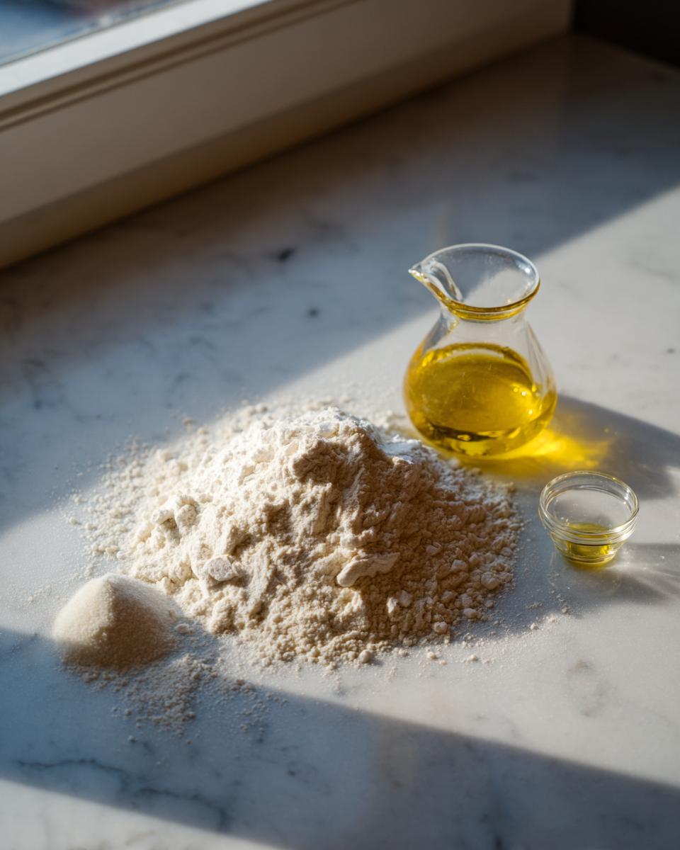 Ingredients for Italian bread, including a mound of flour, yeast, and olive oil on a marble countertop.