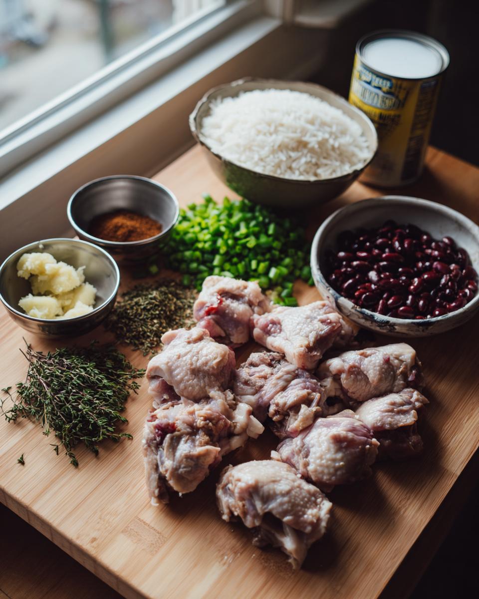 Raw chicken pieces and ingredients for rice and peas, including kidney beans, rice, and spices, ready for Jamaican Jerk Chicken preparation.