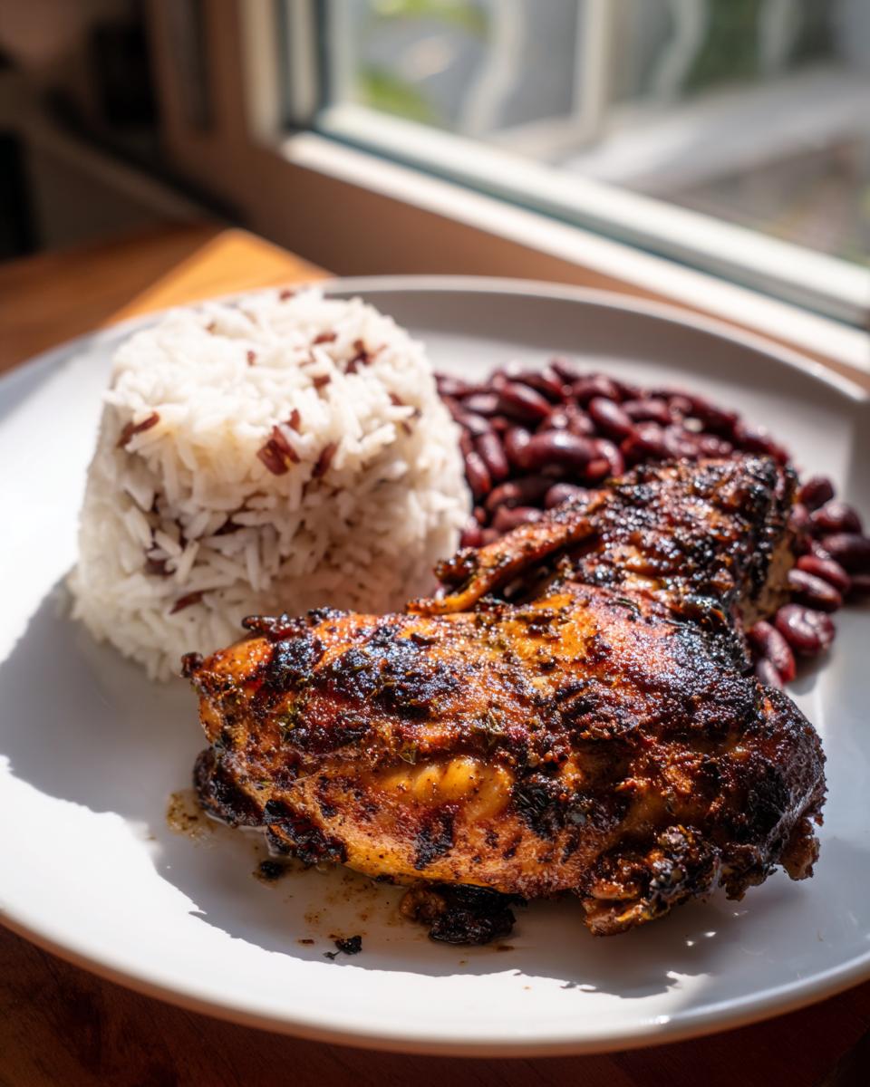 Close-up of a plate featuring beautifully charred Jamaican jerk chicken served with rice and beans (rice and peas).